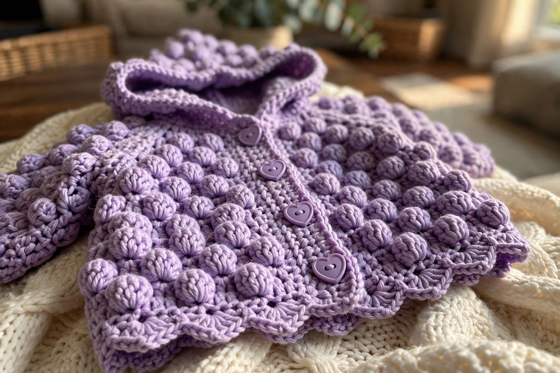 Close-up of the bobble stitch texture and heart-shaped buttons