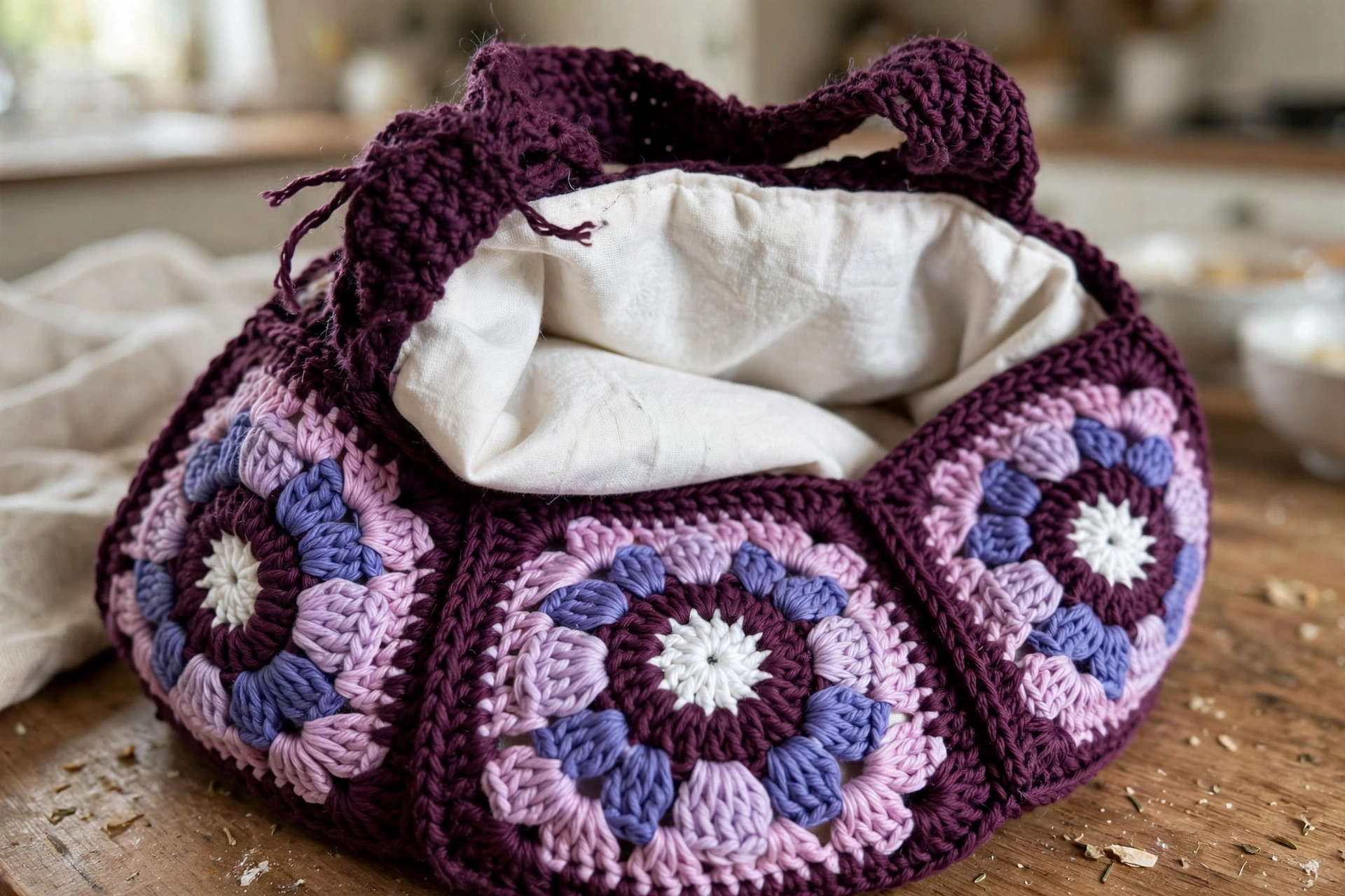 Close-up of the purple granny squares, plum handles, and fabric lining