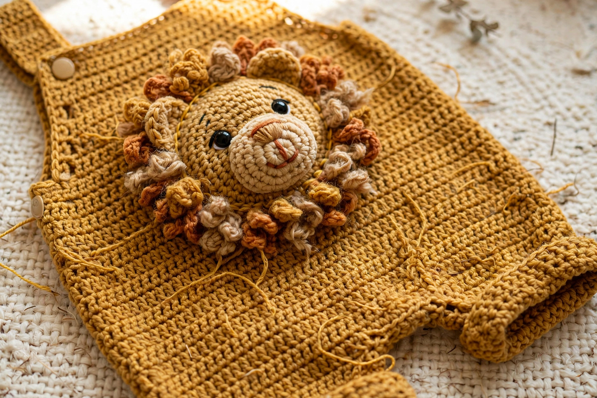Close-up of the 3D lion face applique with looped mane