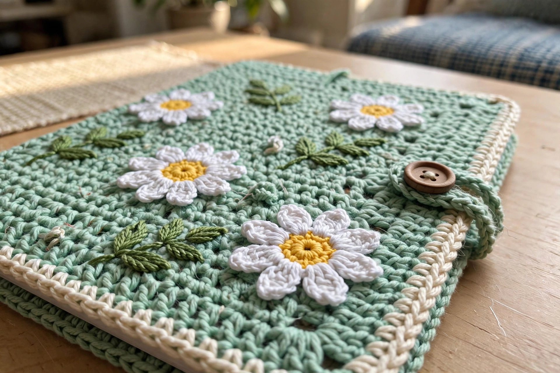Close-up of daisy appliques, embroidered leaves, cream border strip, and wooden button closure