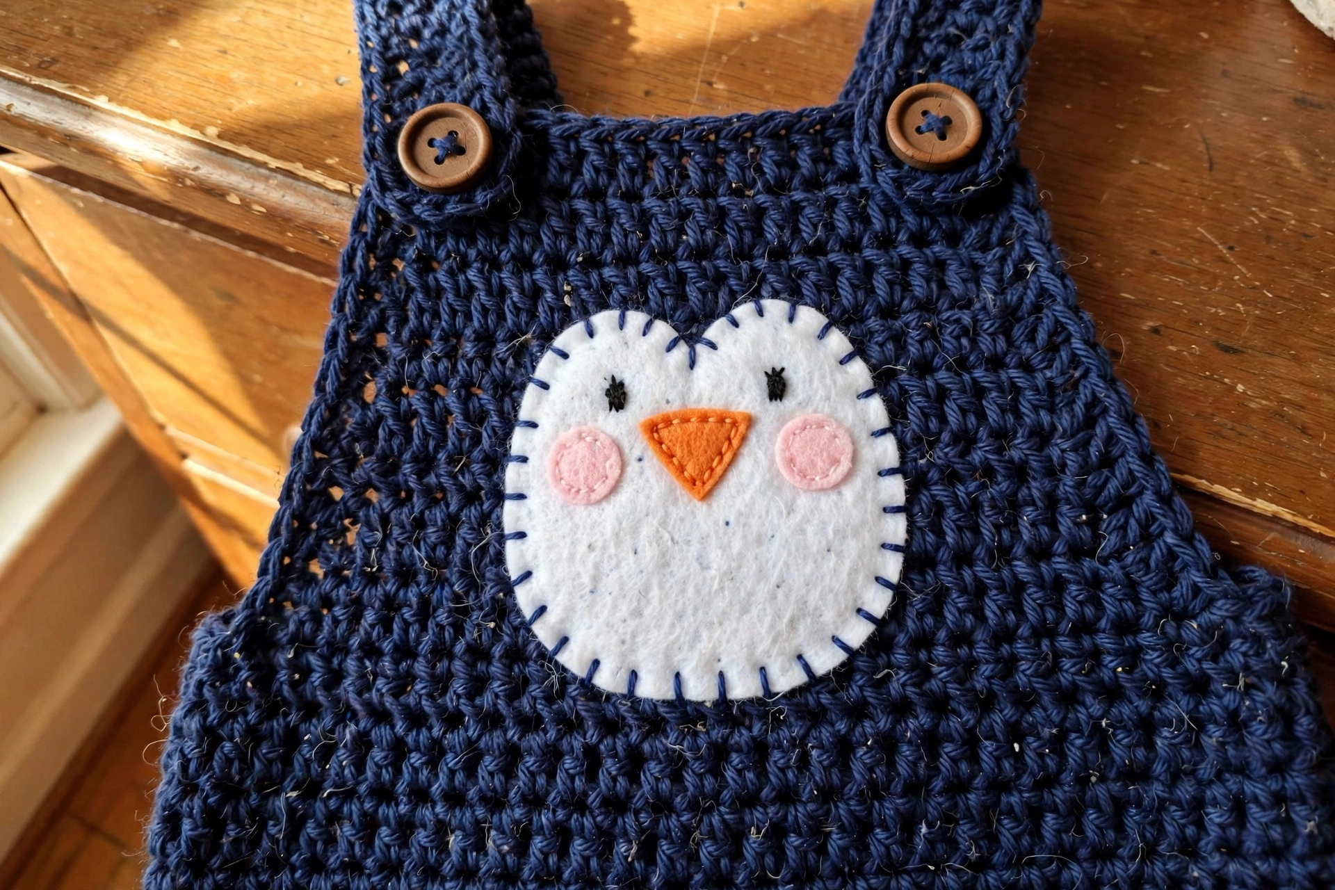 Close-up of the penguin belly applique with beak, cheeks, and wooden buttons