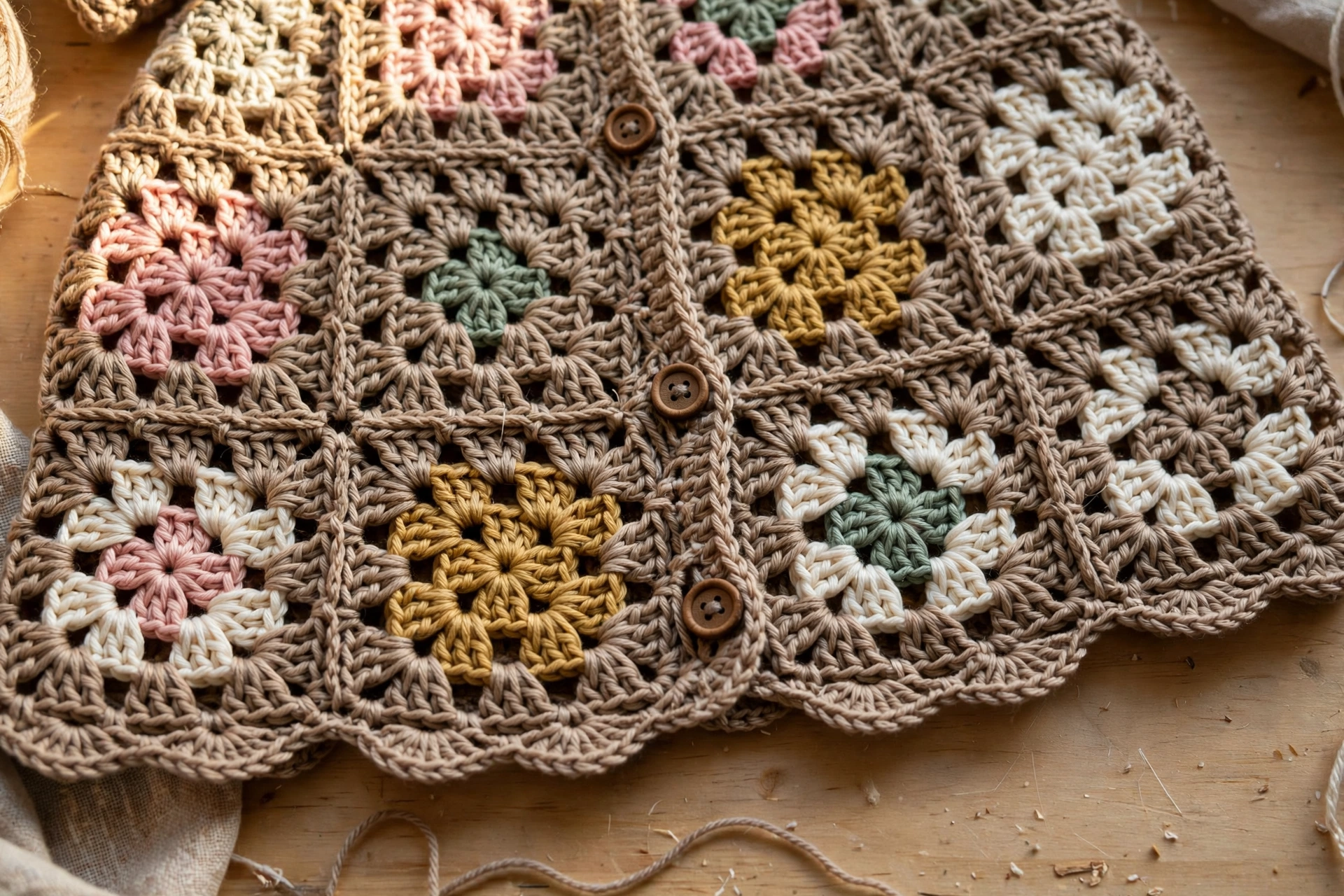 Close-up of the accent-center granny squares, wooden buttons, and scalloped edging