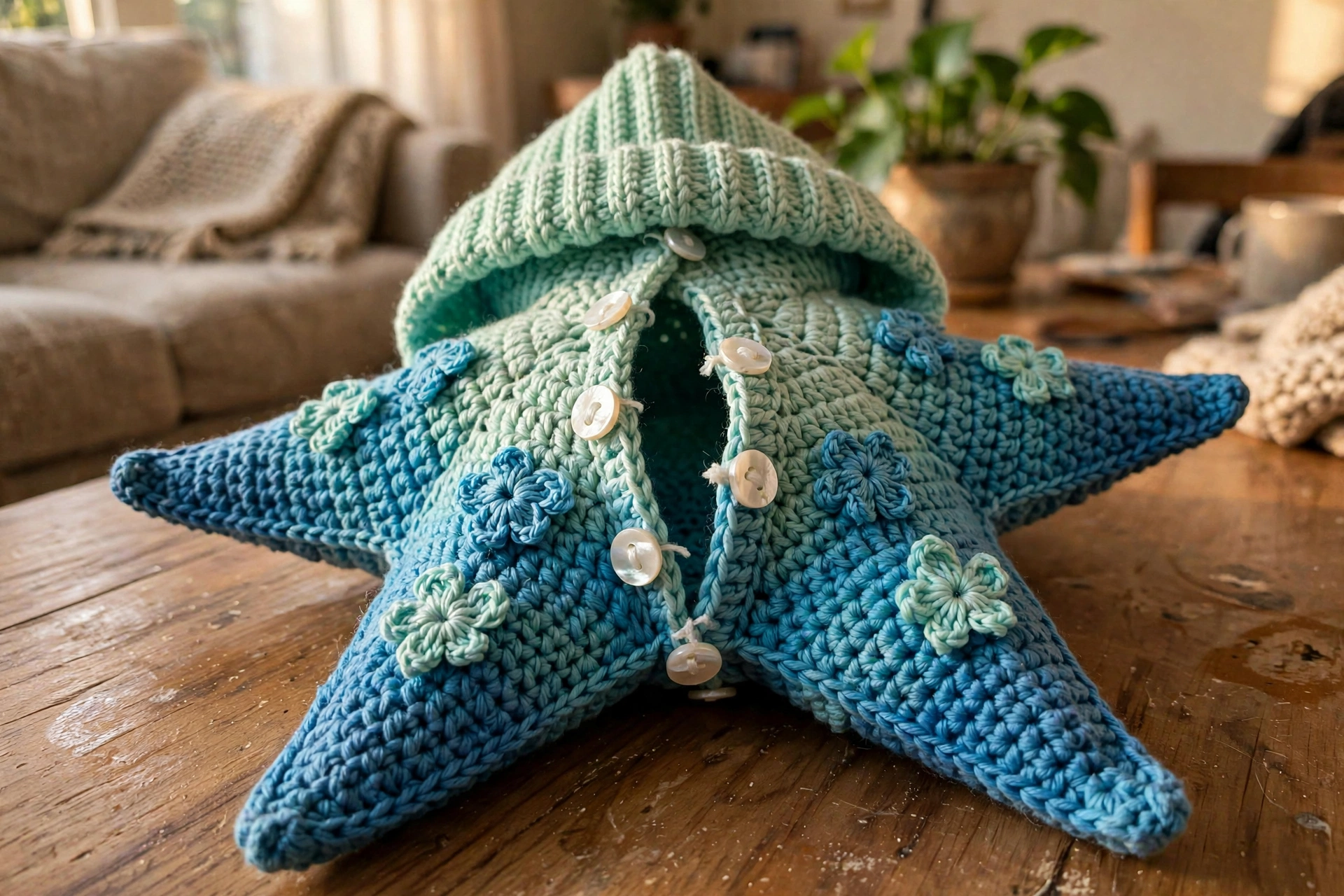 Close-up of the starfish cocoon button front, flower clusters, and hood
