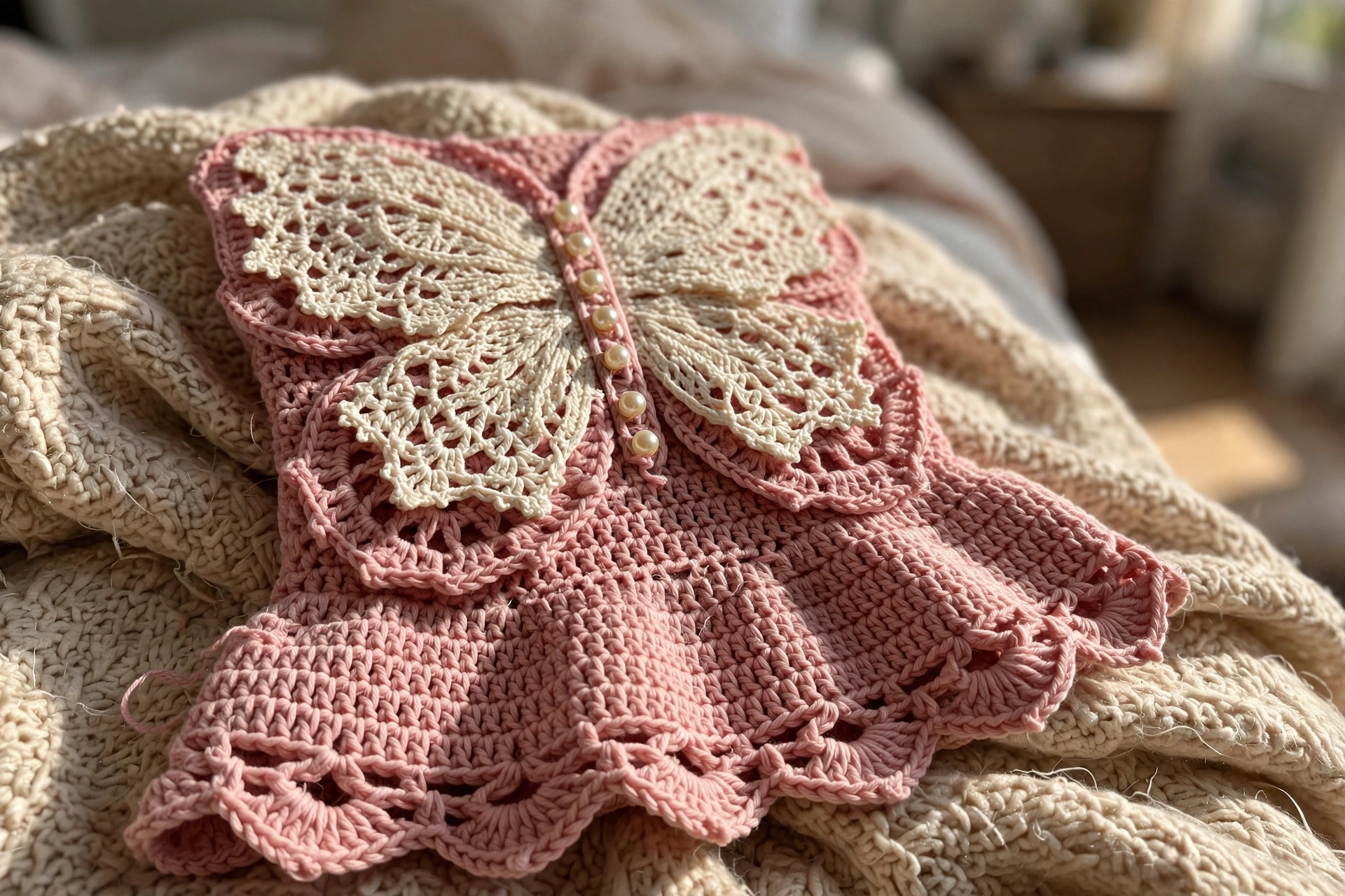Close-up of the butterfly applique with pearl buttons on the dusty rose baby dress