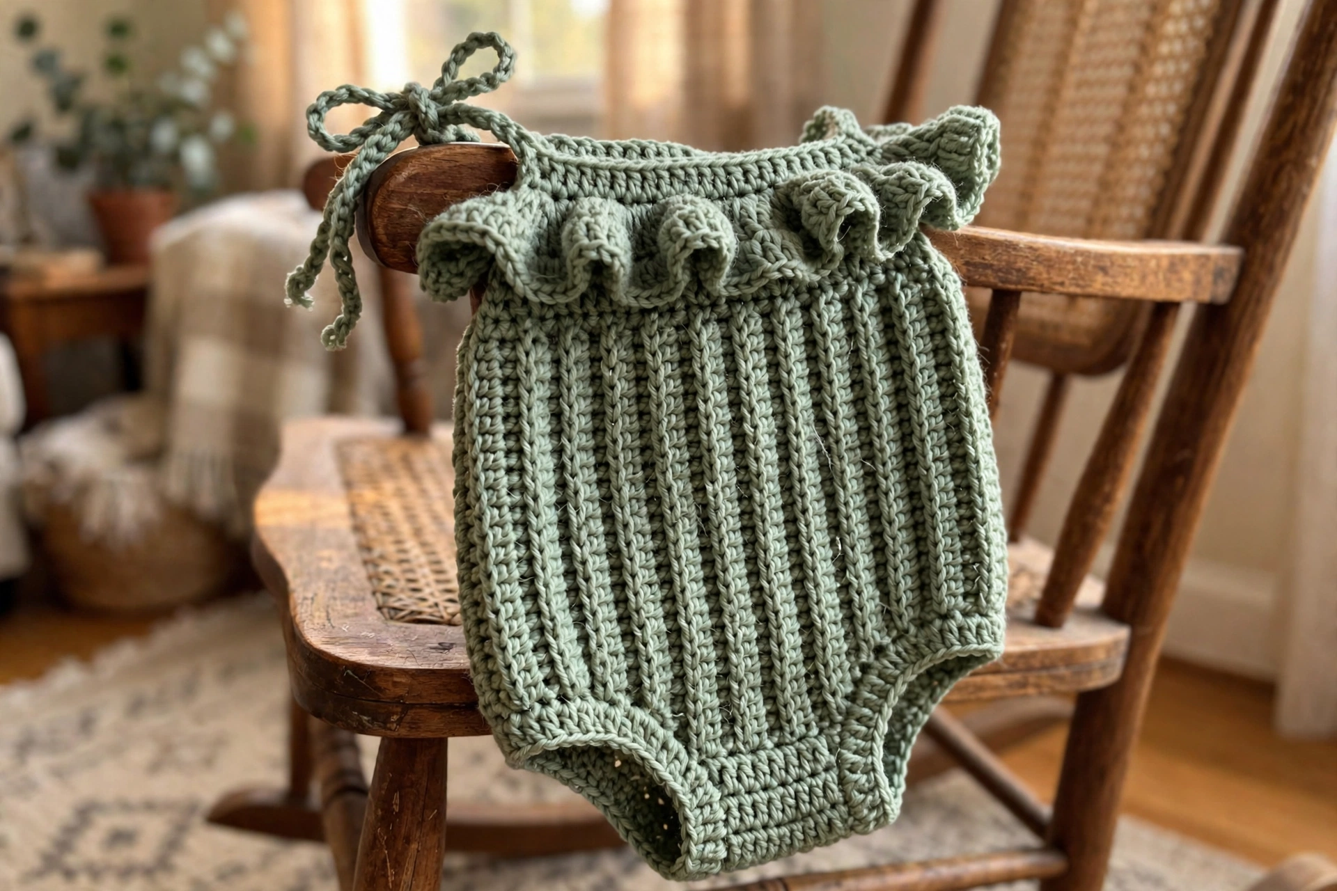 Close-up of the ruffle yoke, ribbed bodice, and tie strap bow