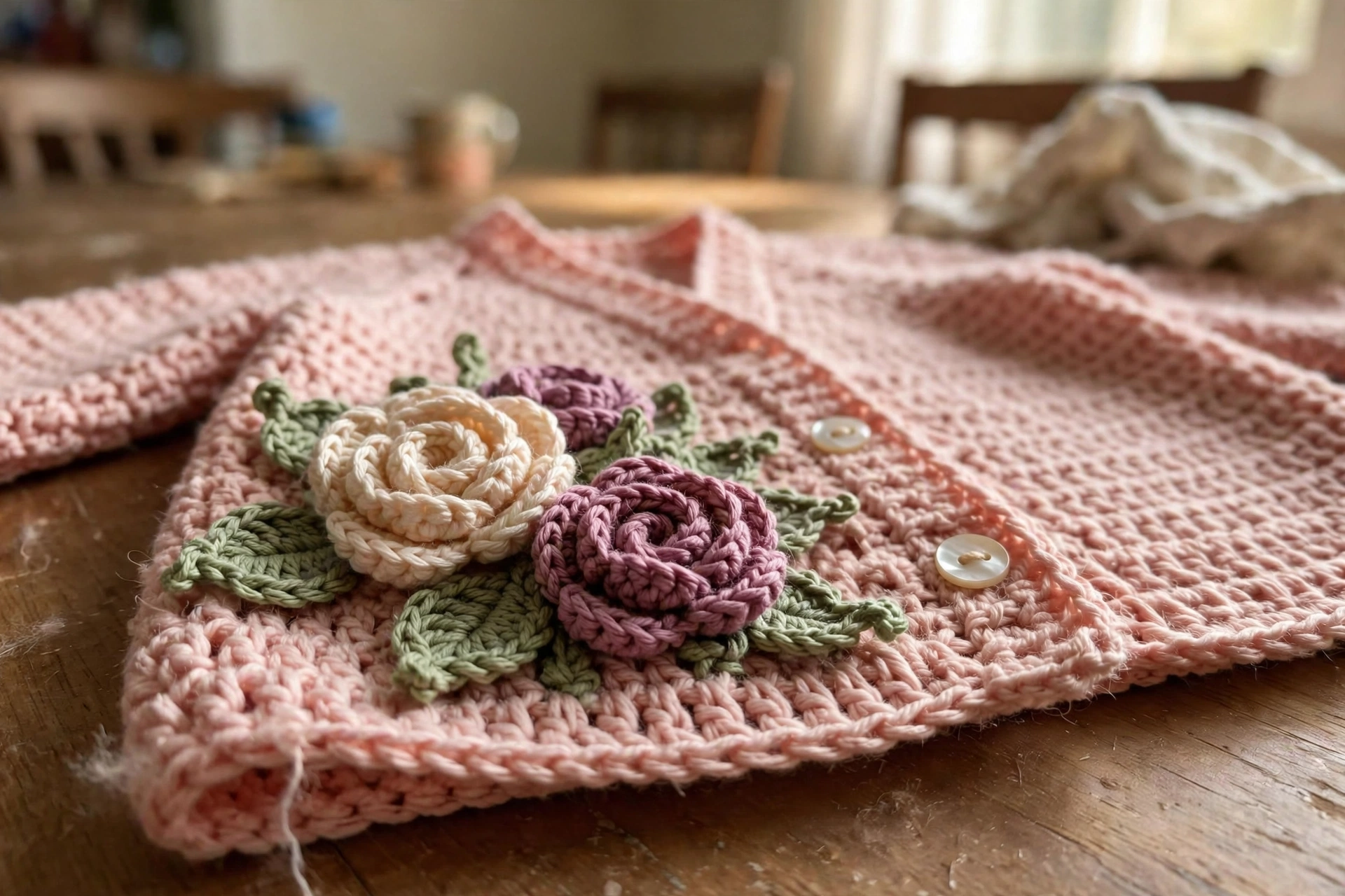 Close-up of the dimensional rose cluster and pearl buttons