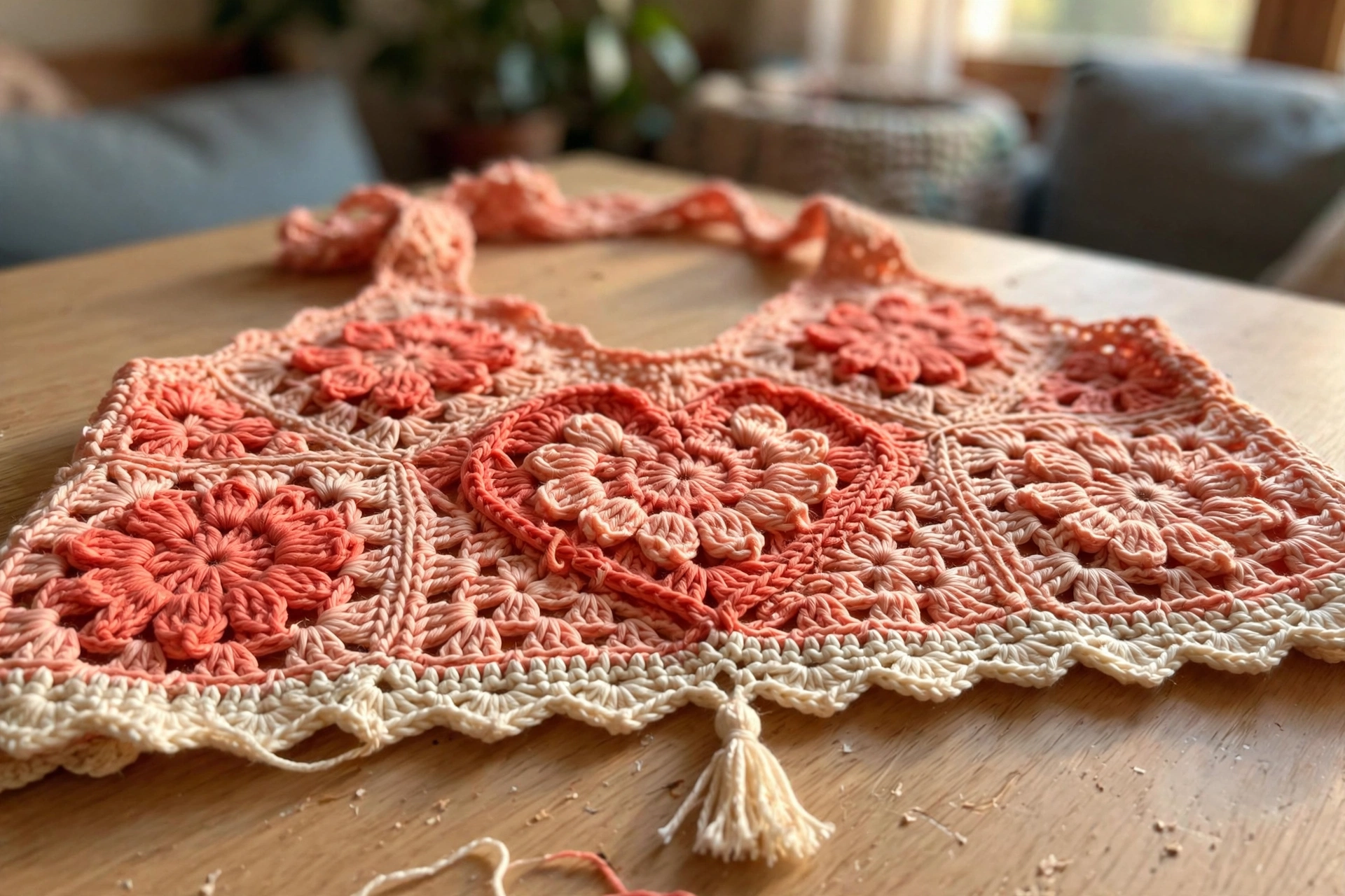 Close-up of the floral motifs, heart center, tassel, and scalloped hem