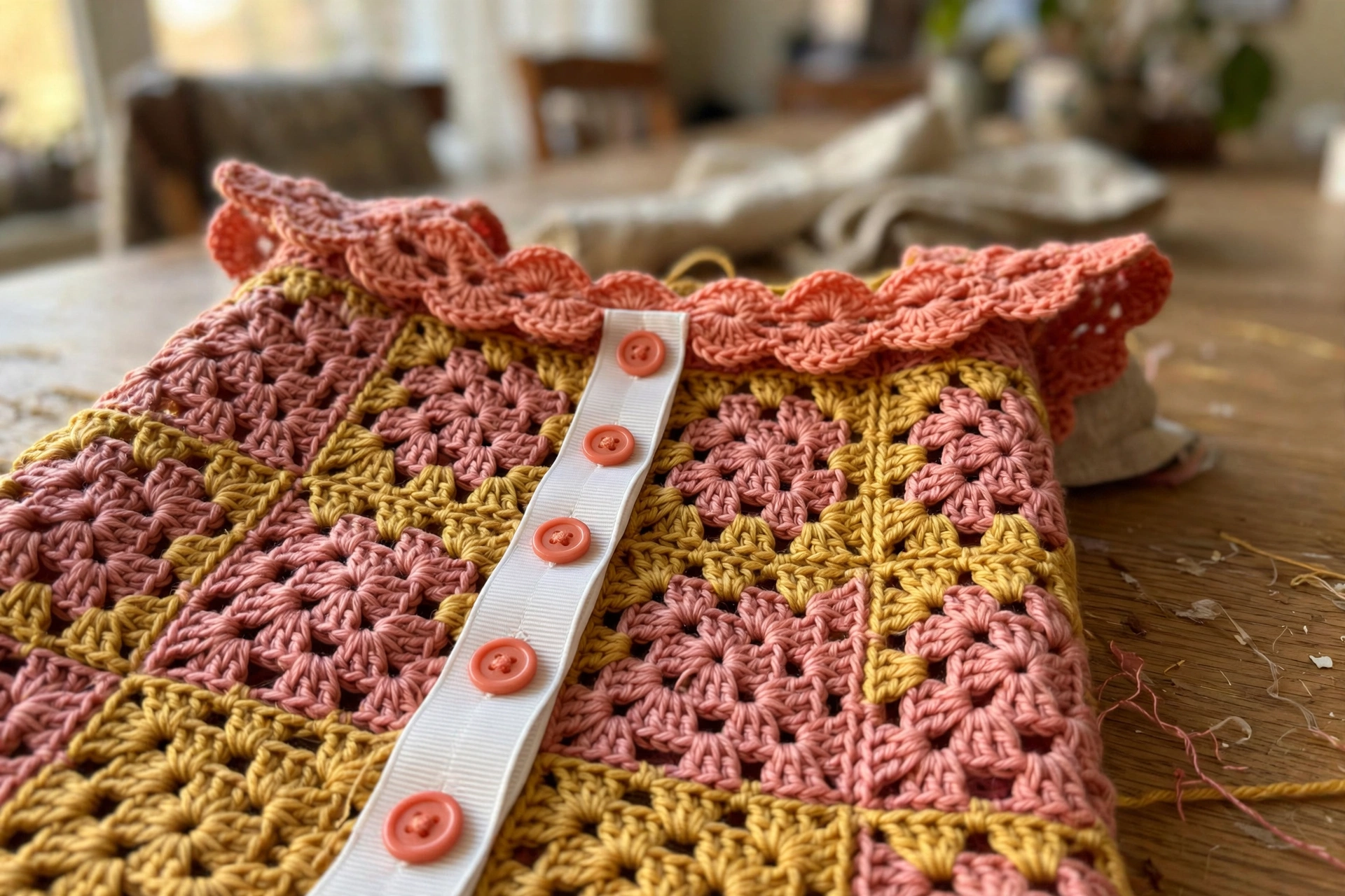 Close-up of the bodice squares, ribbon placket, and scallop edging