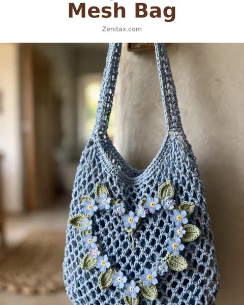 Blue Forget-Me-Not Mesh Bag Free Crochet Pattern