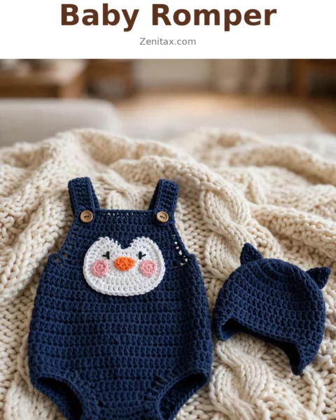 Navy Blue Penguin Baby Romper Free Crochet Pattern