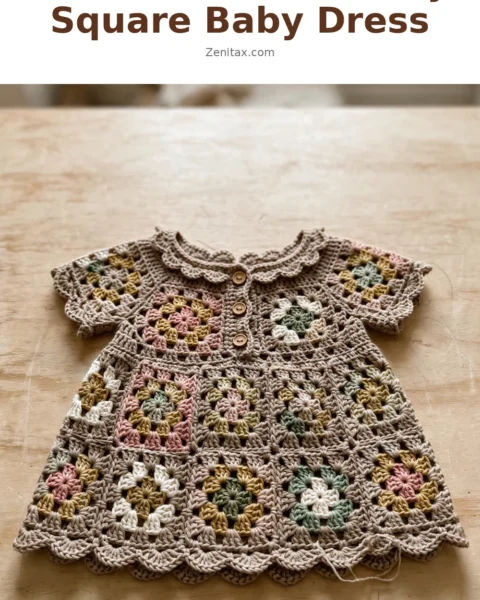Neutral Boho Granny Square Baby Dress Free Crochet Pattern