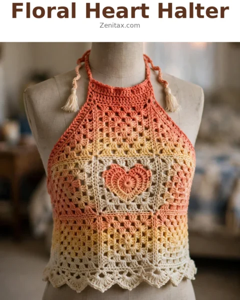 Sunset Gradient Floral Heart Halter Free Crochet Pattern