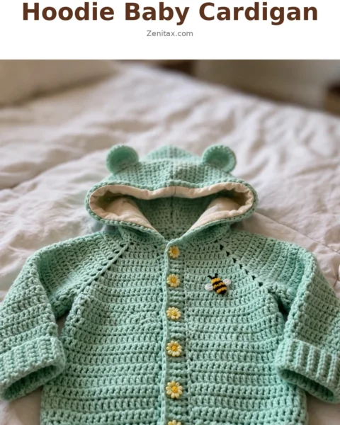 Mint Green Bear Hoodie Baby Cardigan Free Crochet Pattern