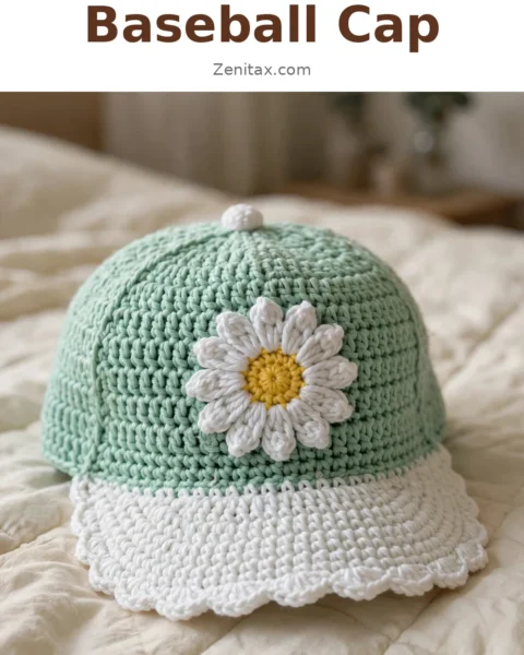 Mint Green Daisy Baseball Cap Free Crochet Pattern