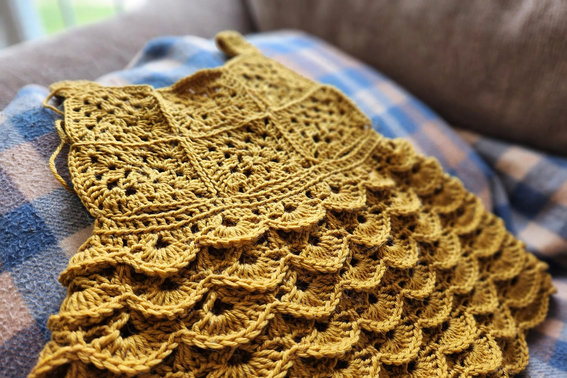 Detail of the granny square bodice and shell stitch skirt