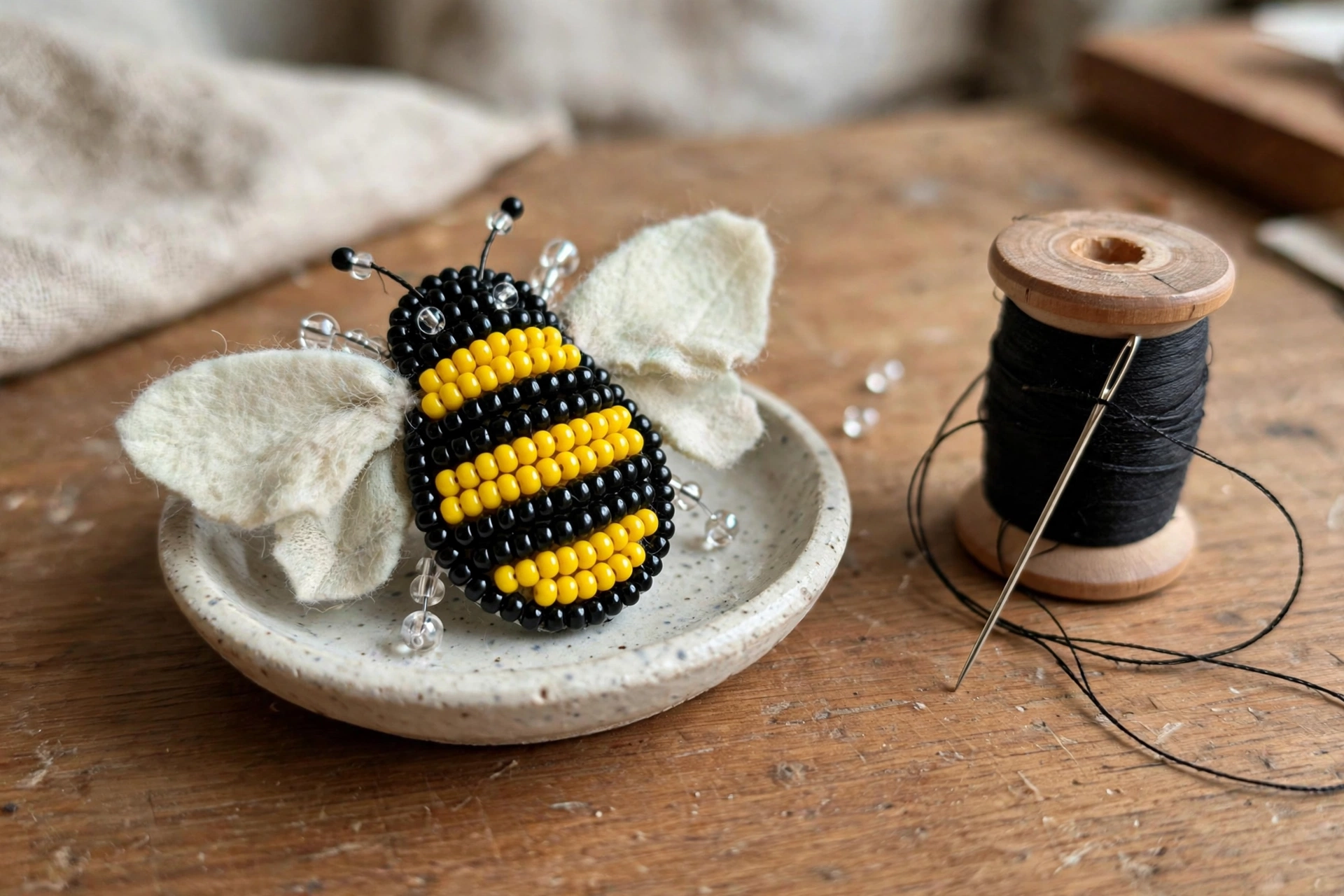 Close-up of the beaded bumblebee brooch with thread and needle