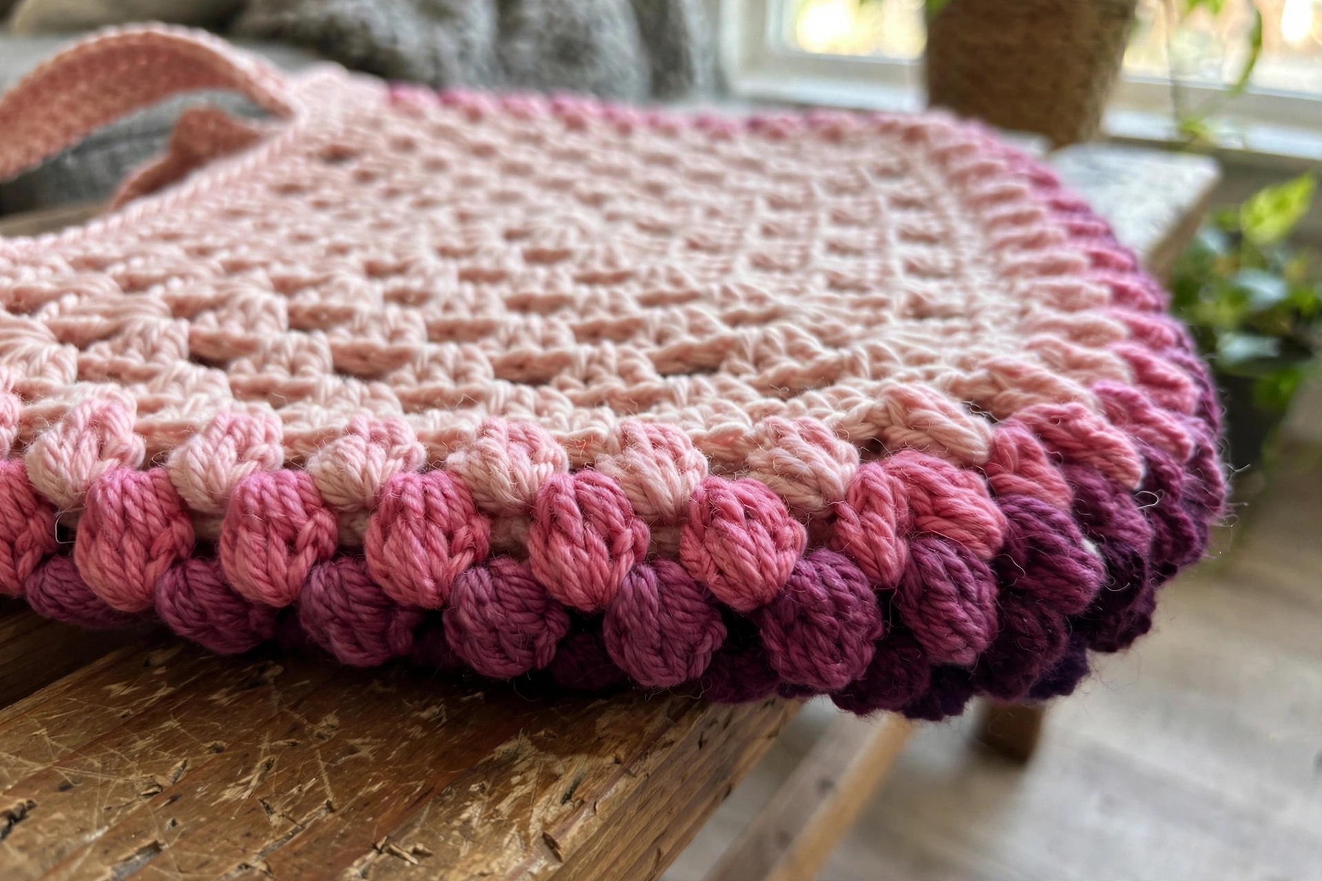 Close-up of the puff stitch border in graduating berry shades