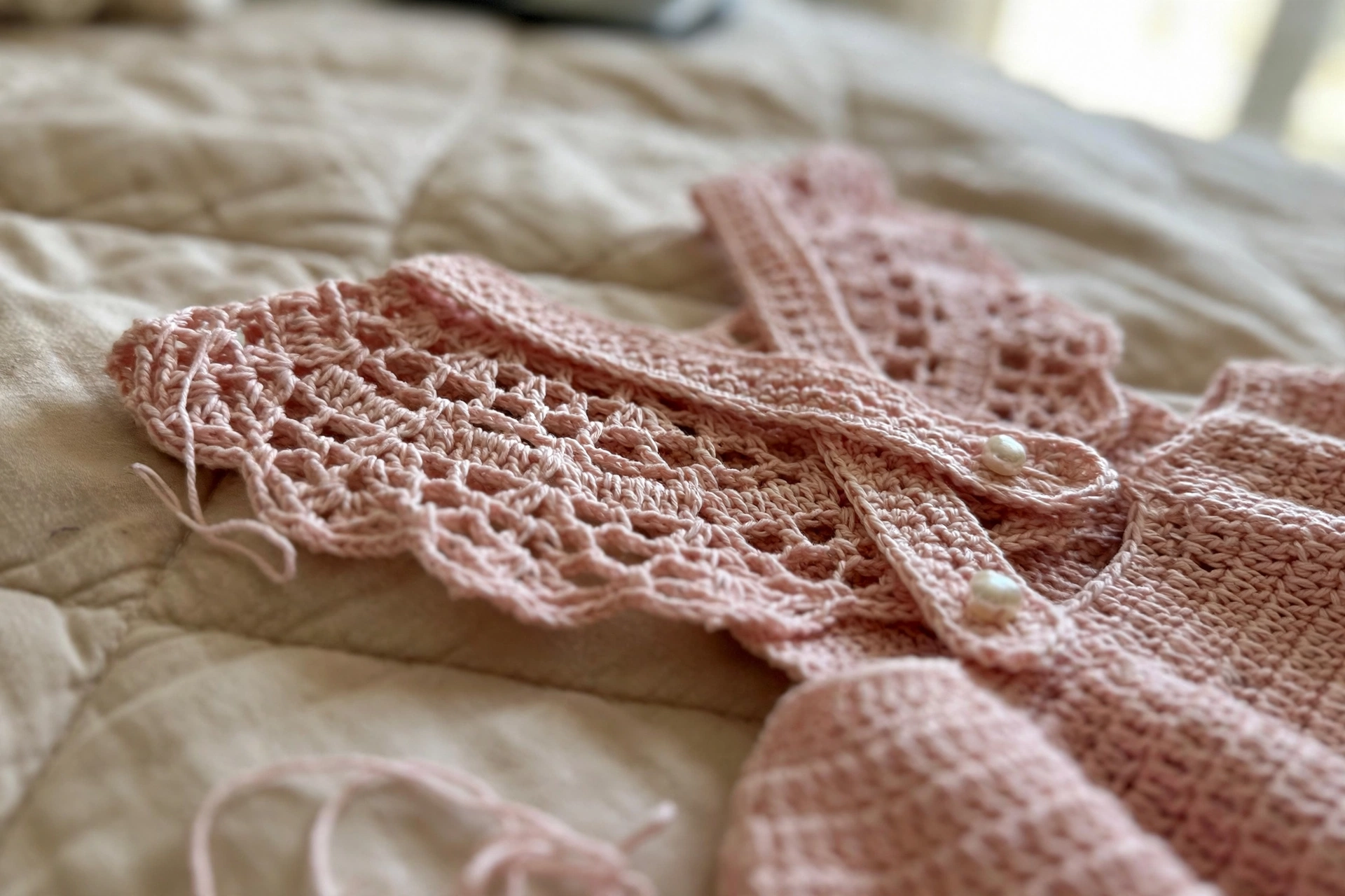 Detail of the lace mesh yoke and pearl button straps
