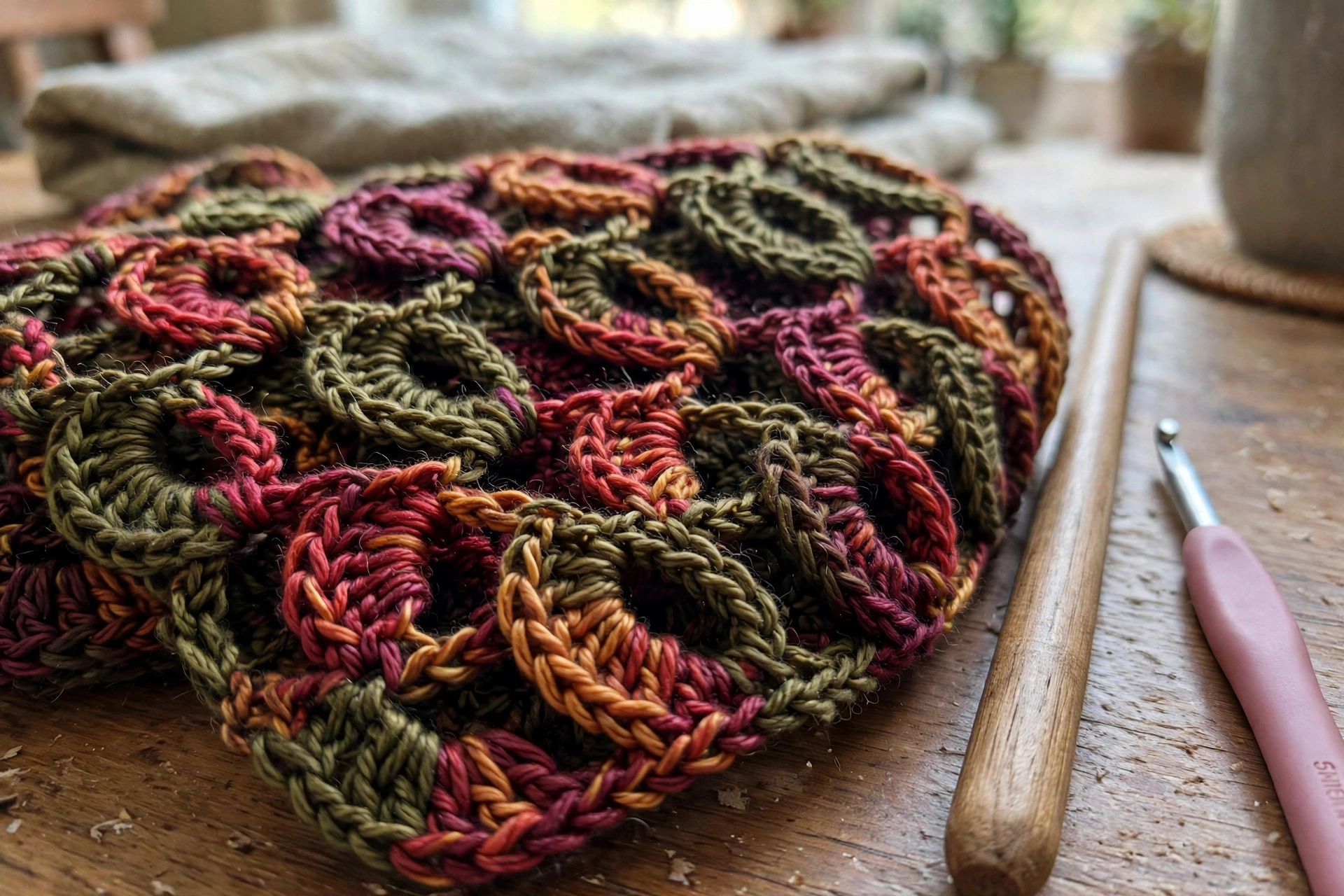 Close-up of the broomstick lace loop clusters with crochet hook and pin