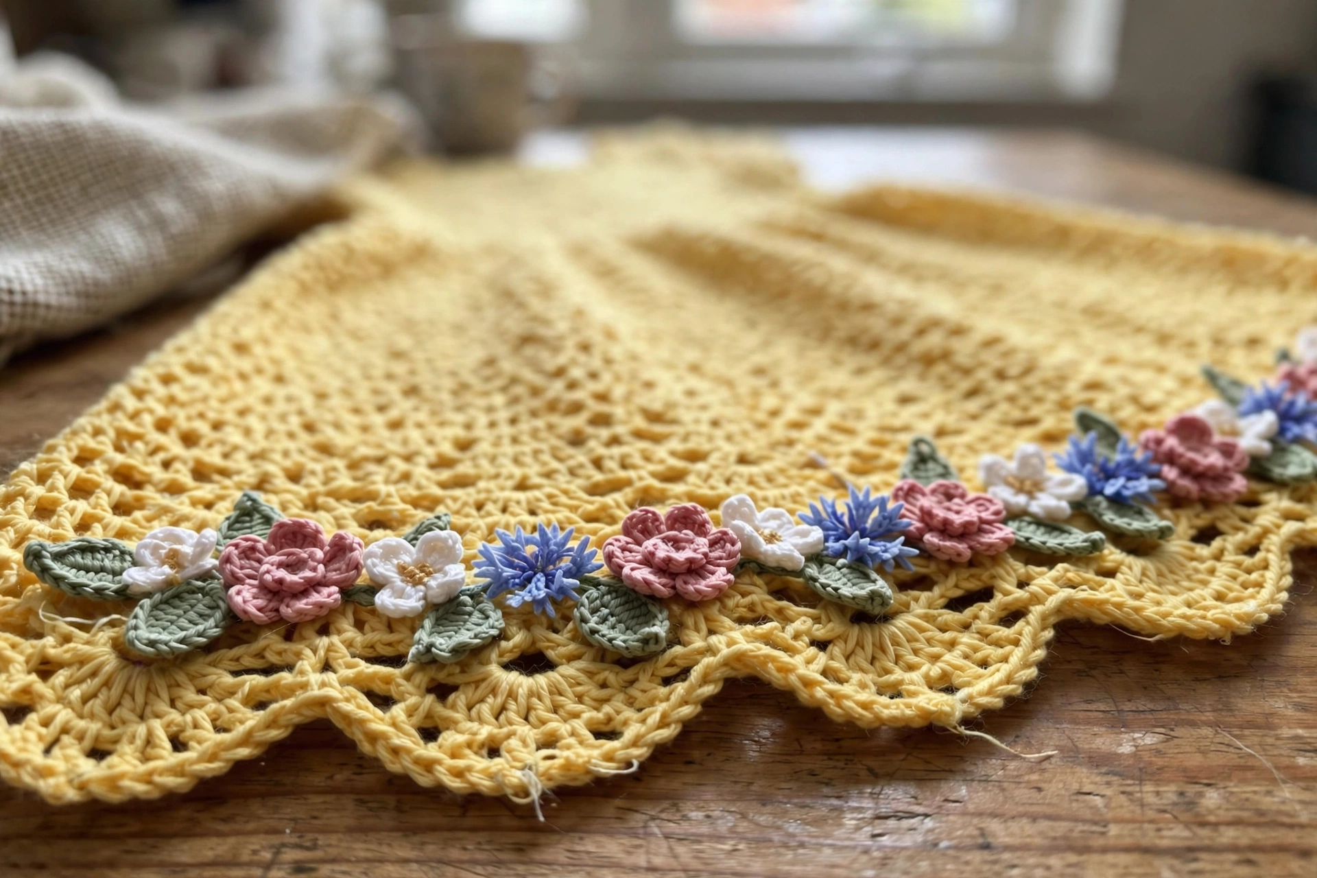 Close-up of the crocheted flower appliques along the hem