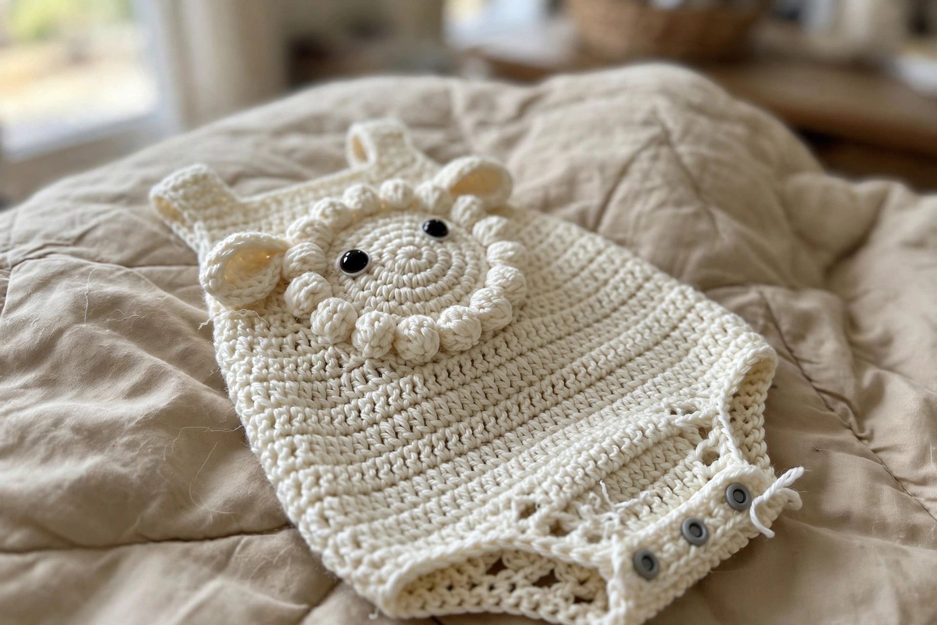 Close-up of the bobble-stitch lamb face applique on the cream romper