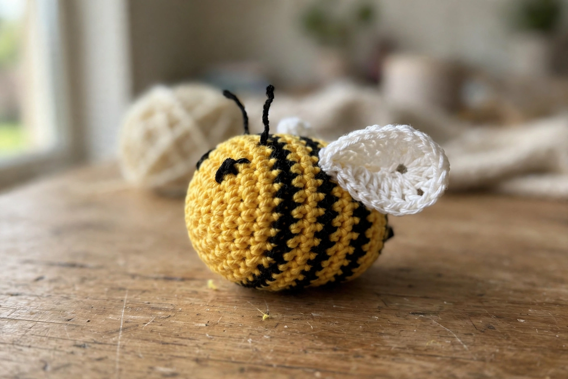 Close-up of the crochet bee plush wing and stripes