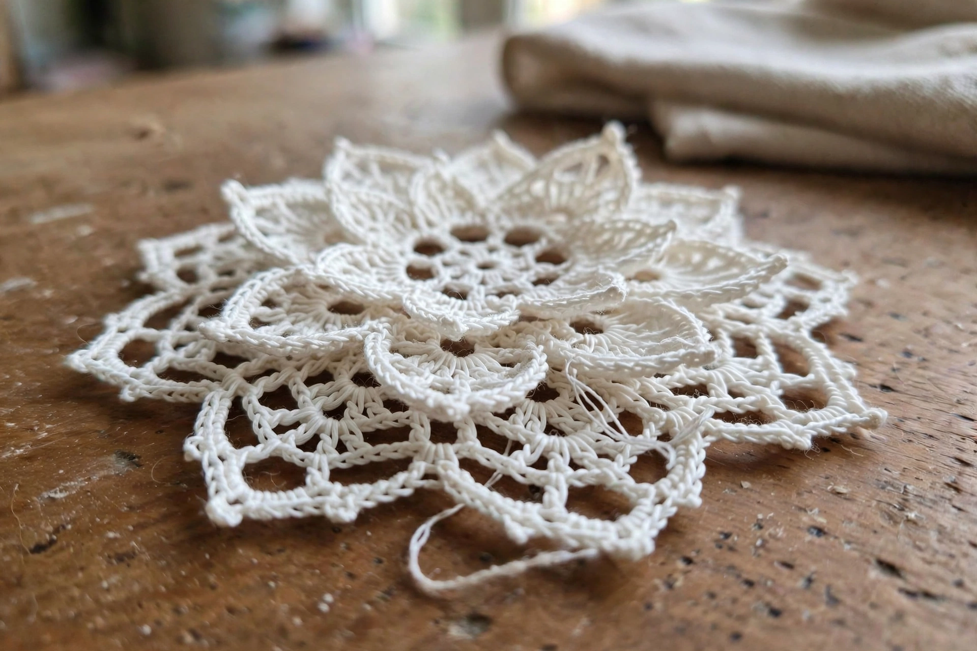 Close-up of the layered petals and chain arches on the lace flower