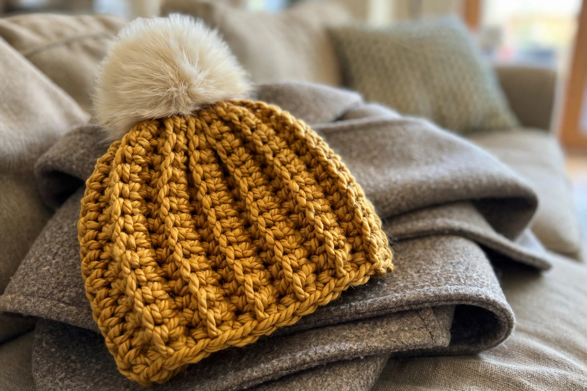 Close-up of the ribbed texture and faux fur pom