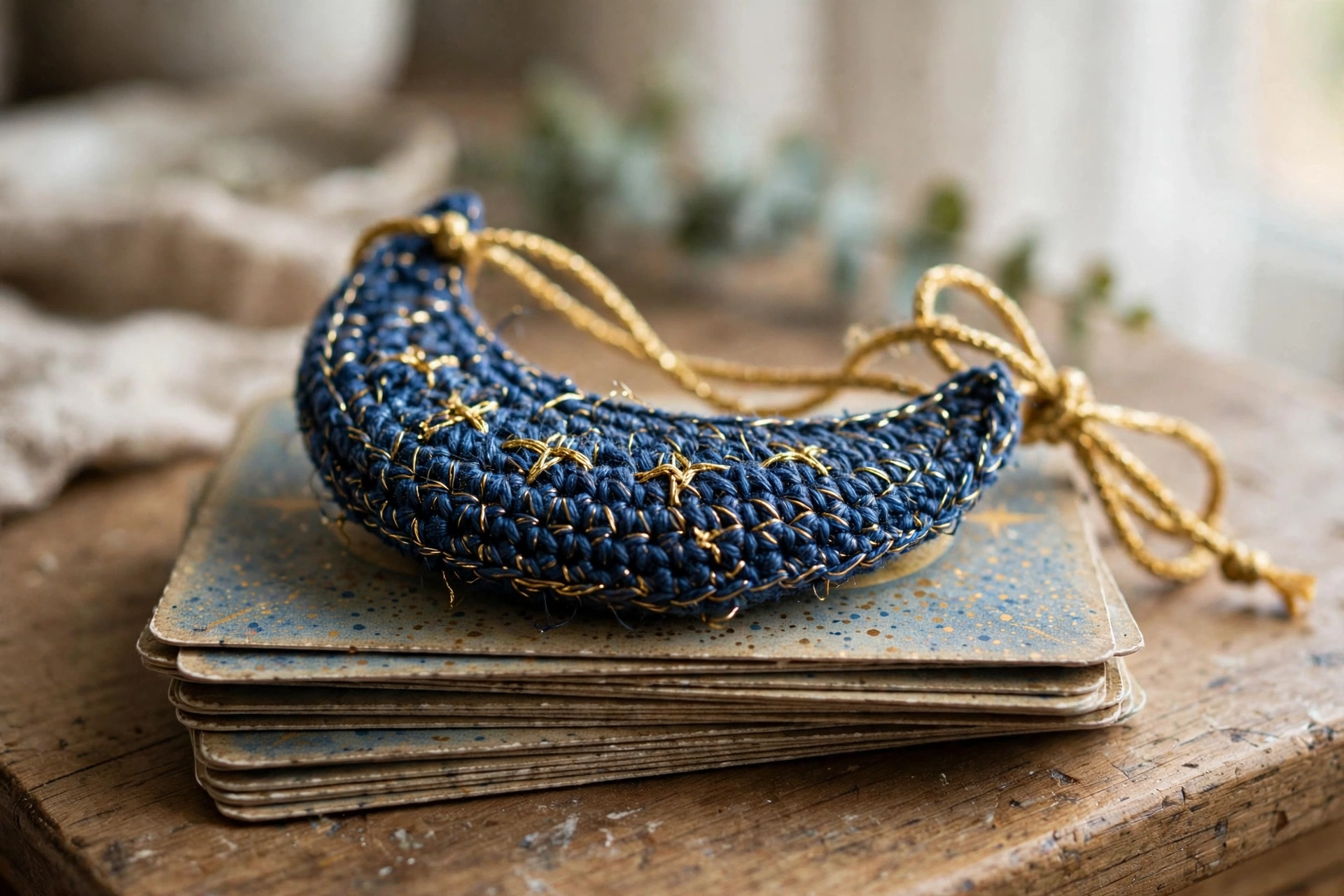 Close-up of the crochet crescent moon tarot pouch with gold ties