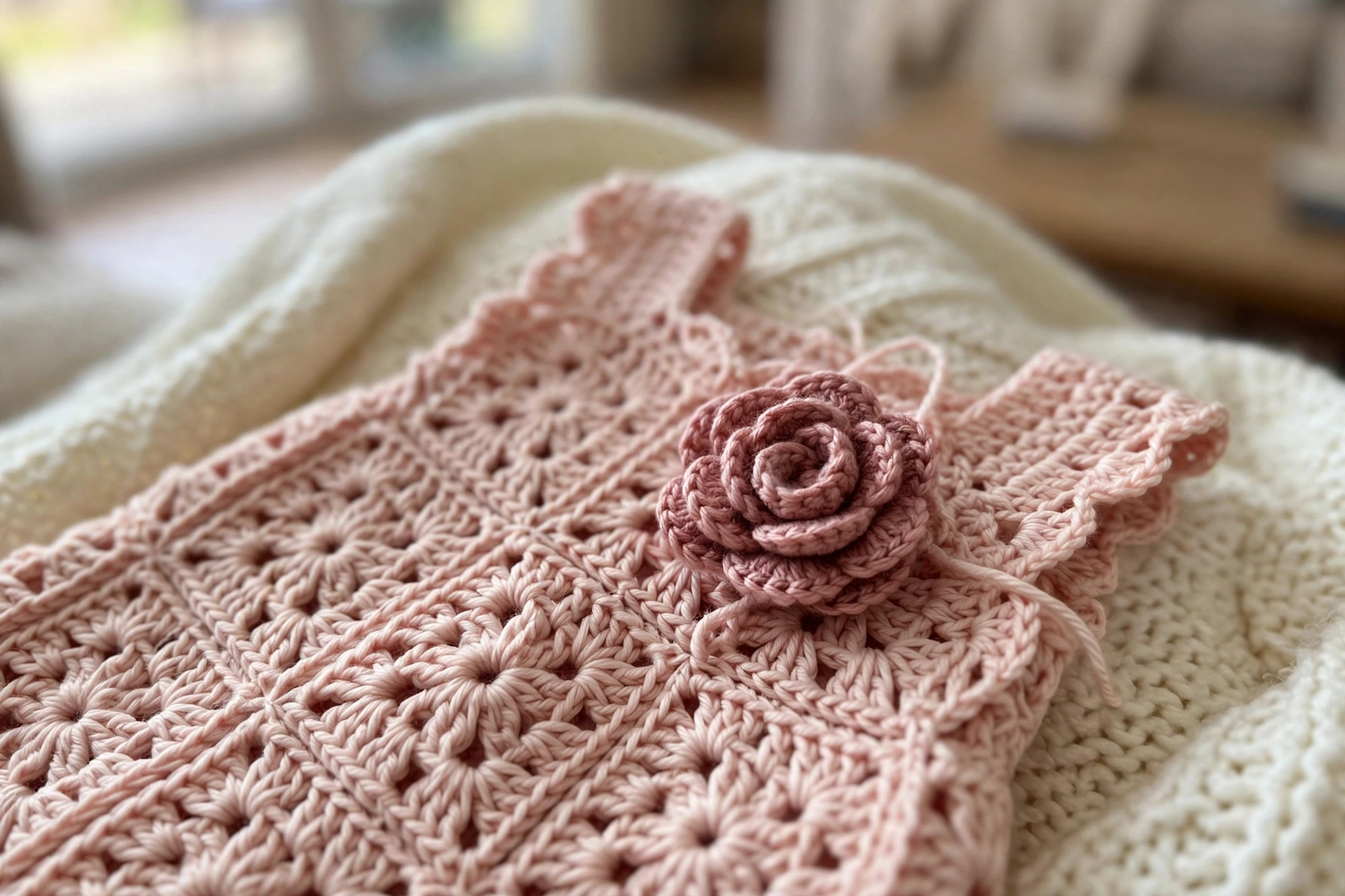Close-up of the flower square bodice and rolled rose embellishment