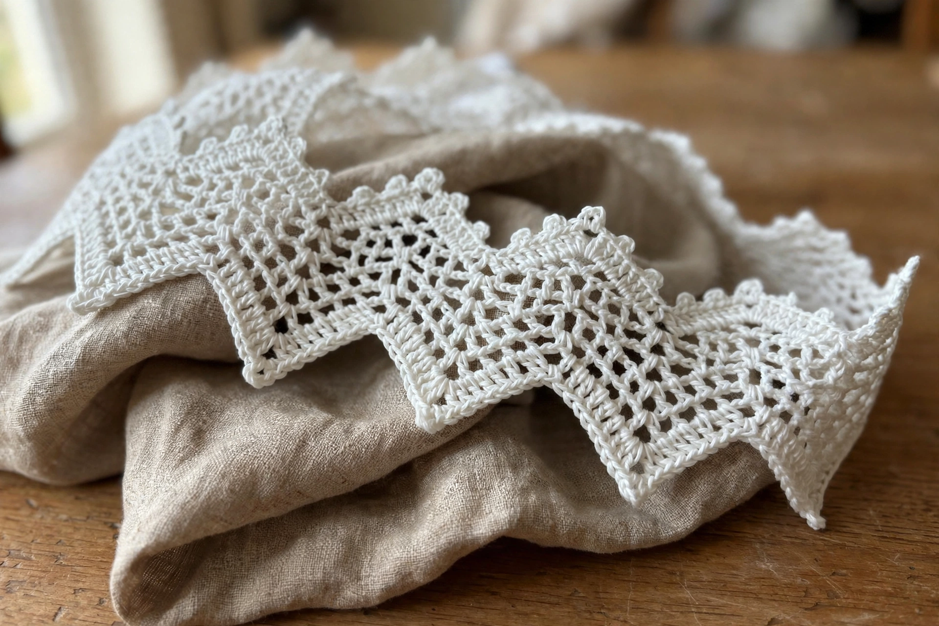 Detail of the zigzag lace trim draped over linen fabric