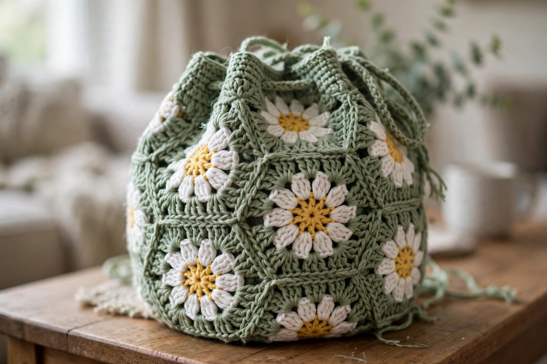 Close-up of the daisy granny bucket bag motifs