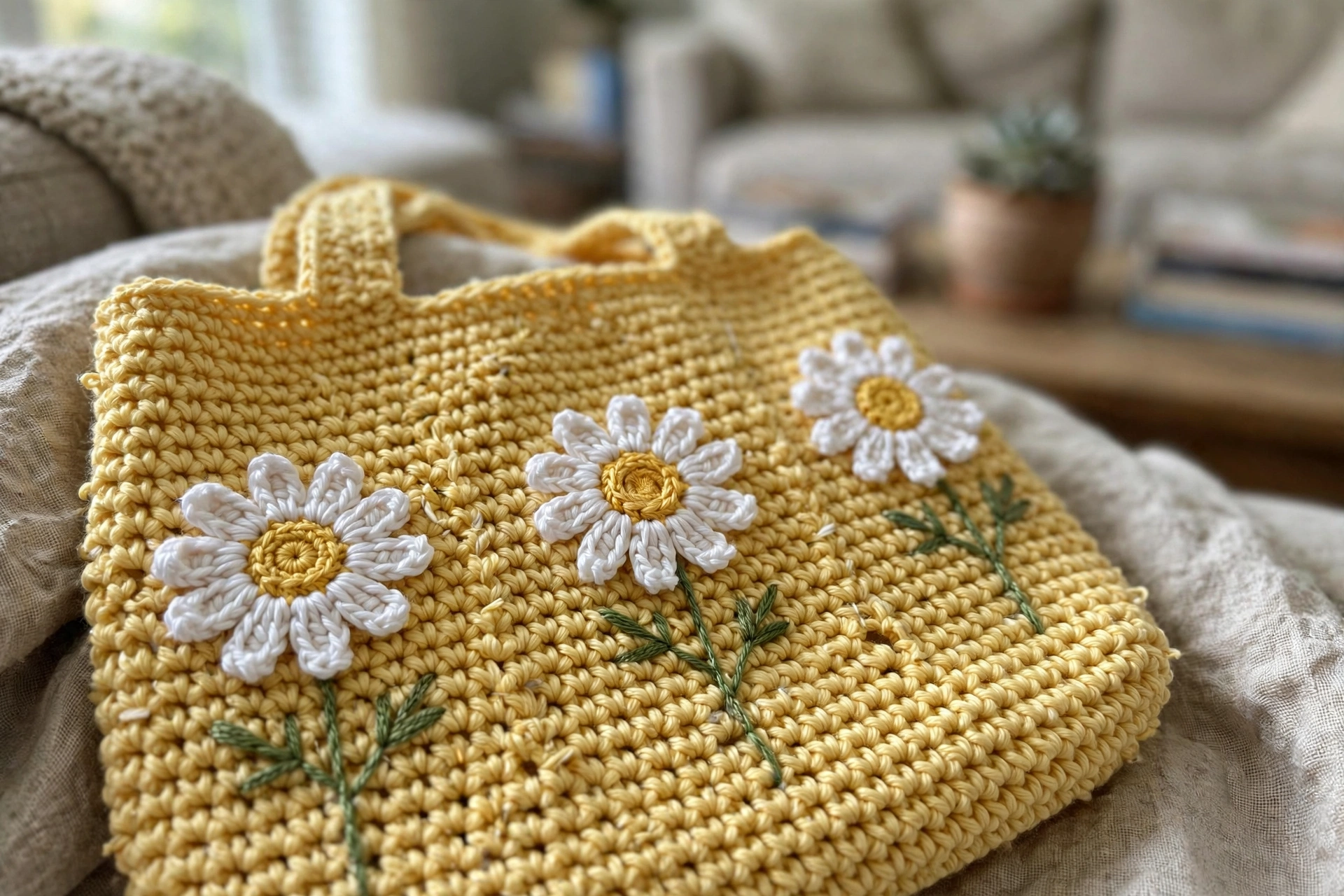 Close-up of the daisy appliques with golden centers on the butter yellow tote