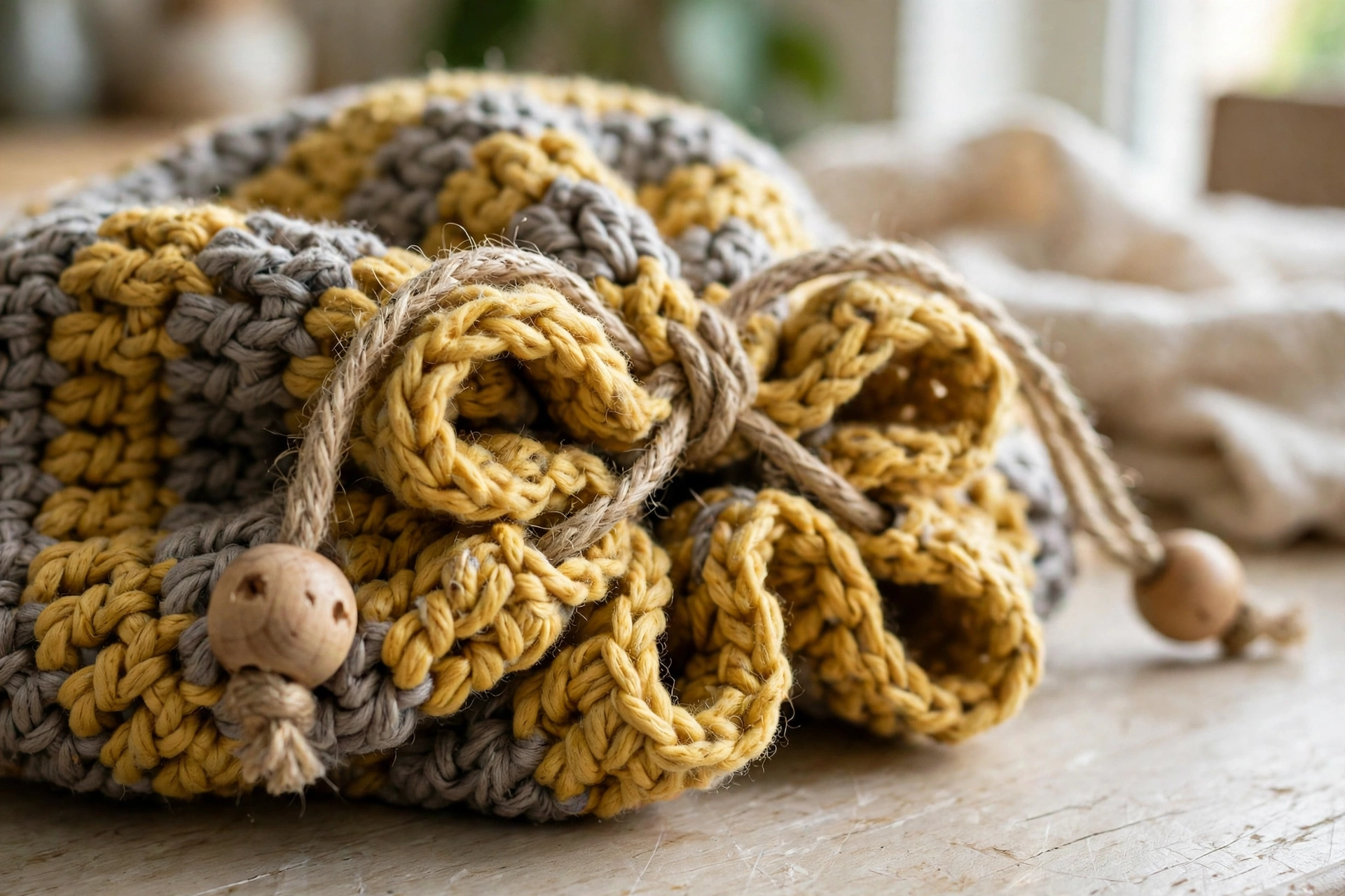 Close-up of the cinched drawstring top with wooden bead finishes
