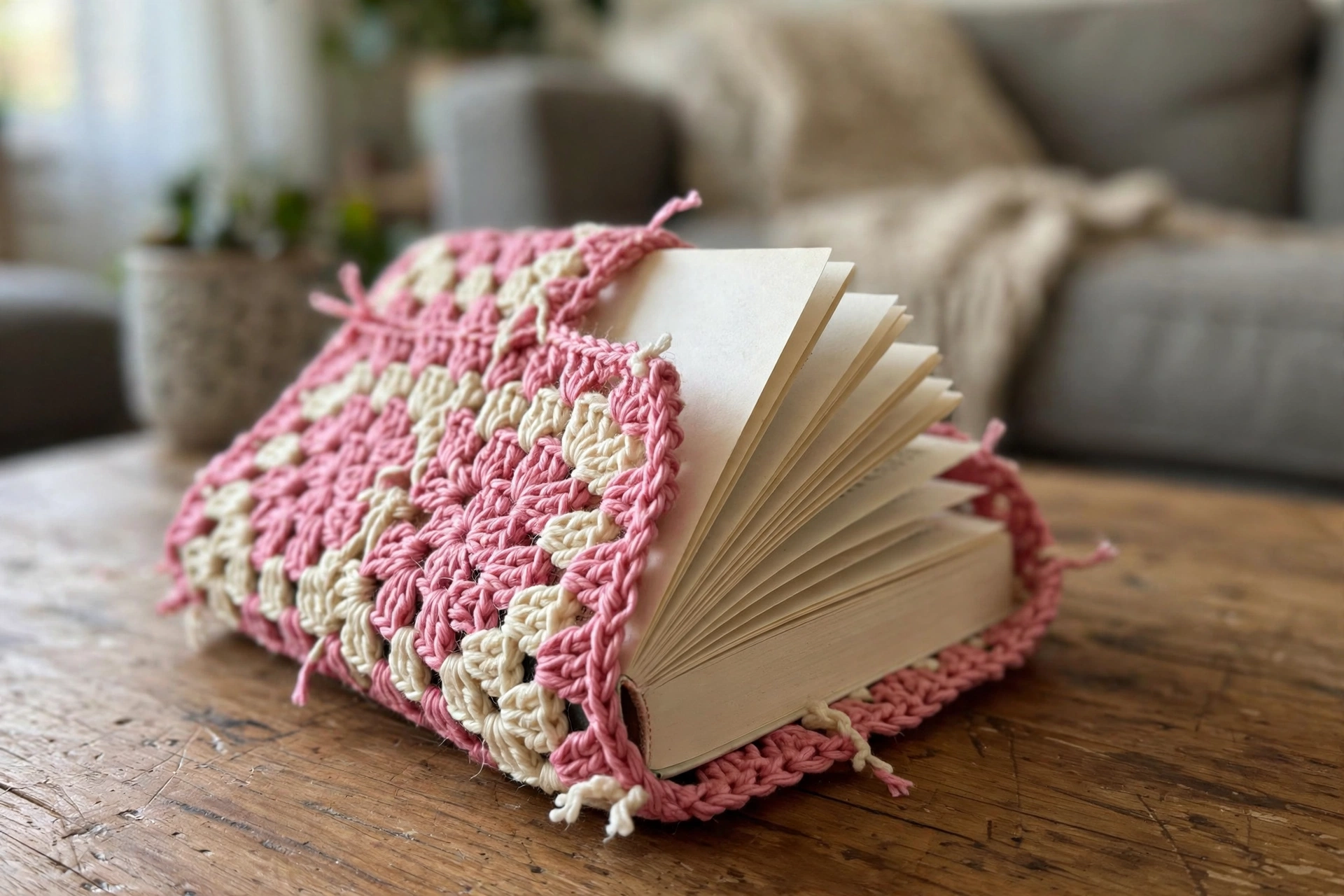 Detail of the heart granny square book cover folded around a novel