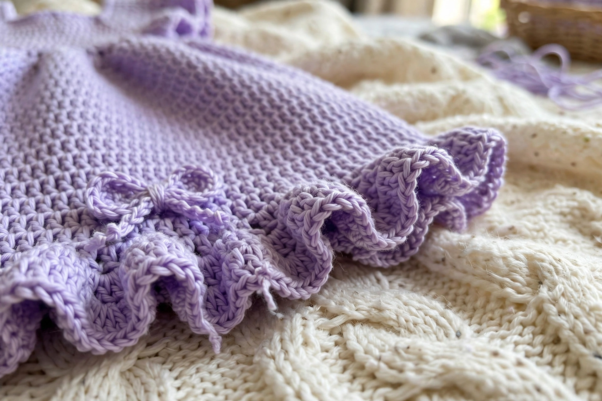 Close-up of the lavender shell stitch ruffle skirt hem