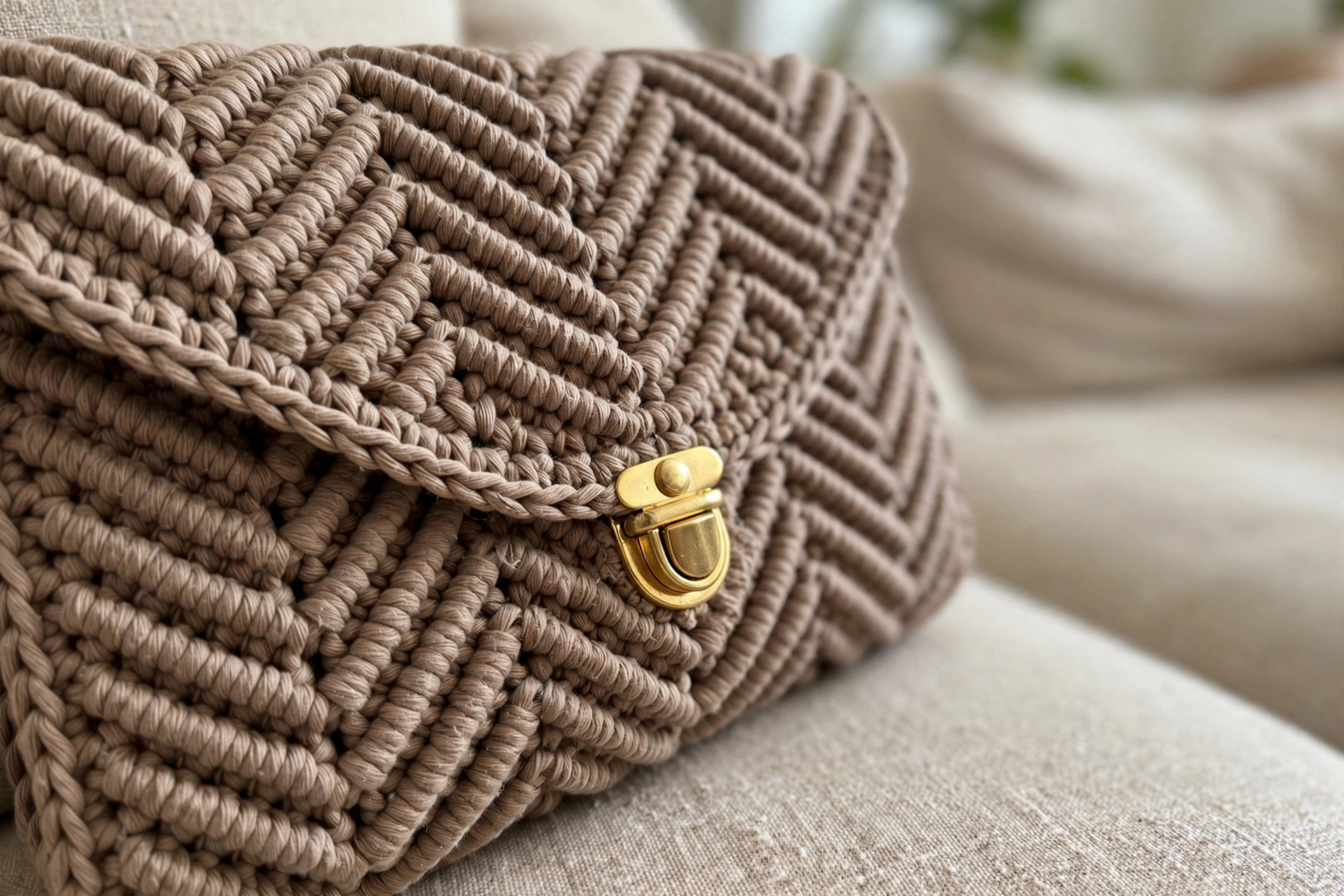 Close-up of the chevron flap and gold turn-lock clasp on the luxury handbag
