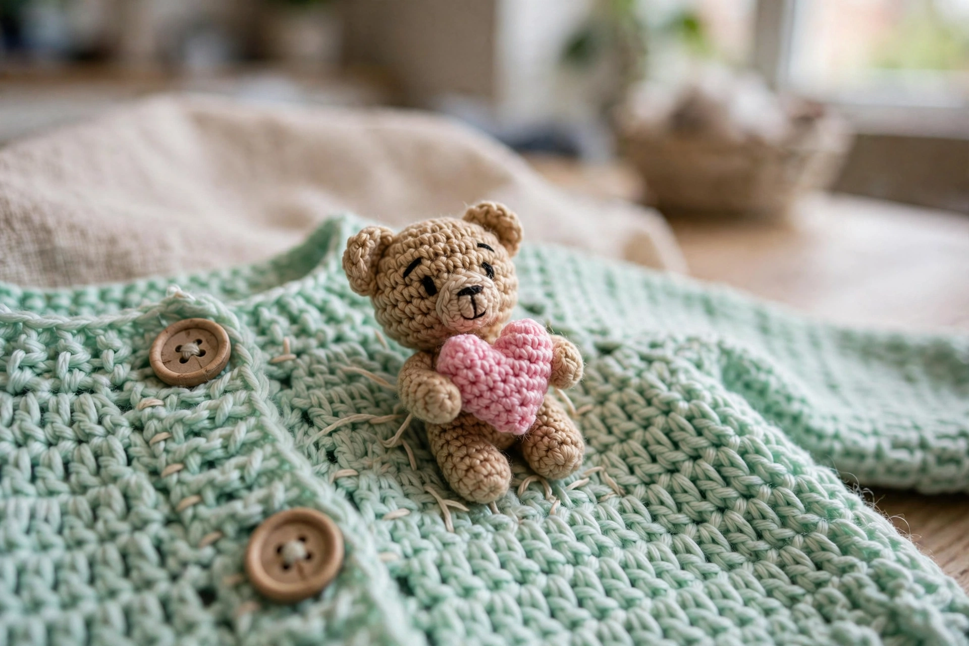 Close-up of the teddy bear holding a pink heart on the cardigan