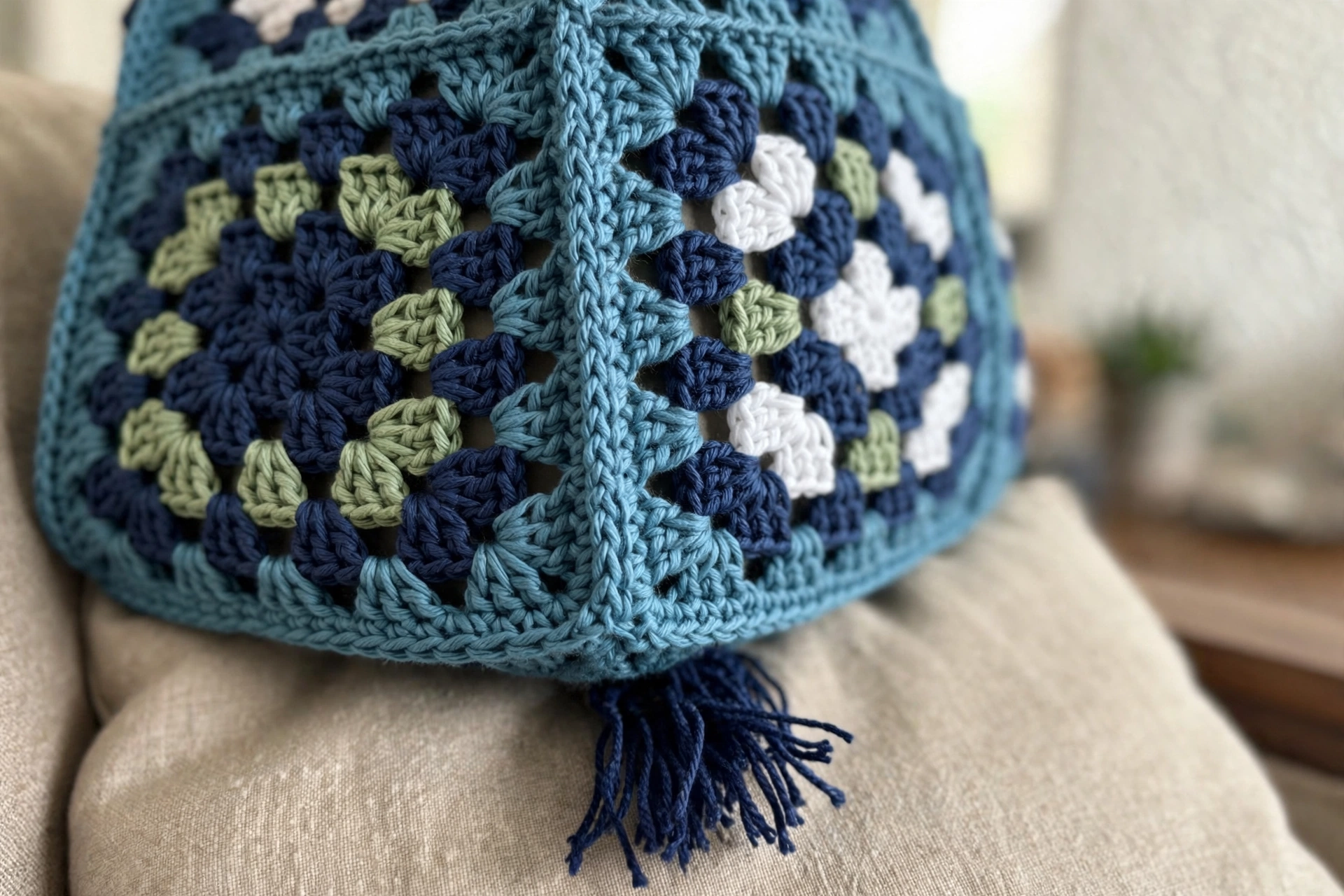 Close-up of the granny square motifs and tassel on the tote