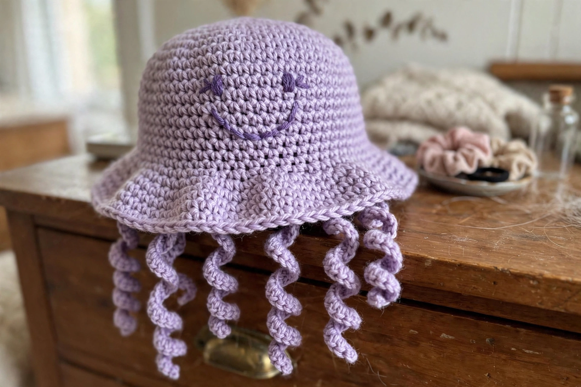 Close-up of the lavender jellyfish bucket hat with twirly tentacles