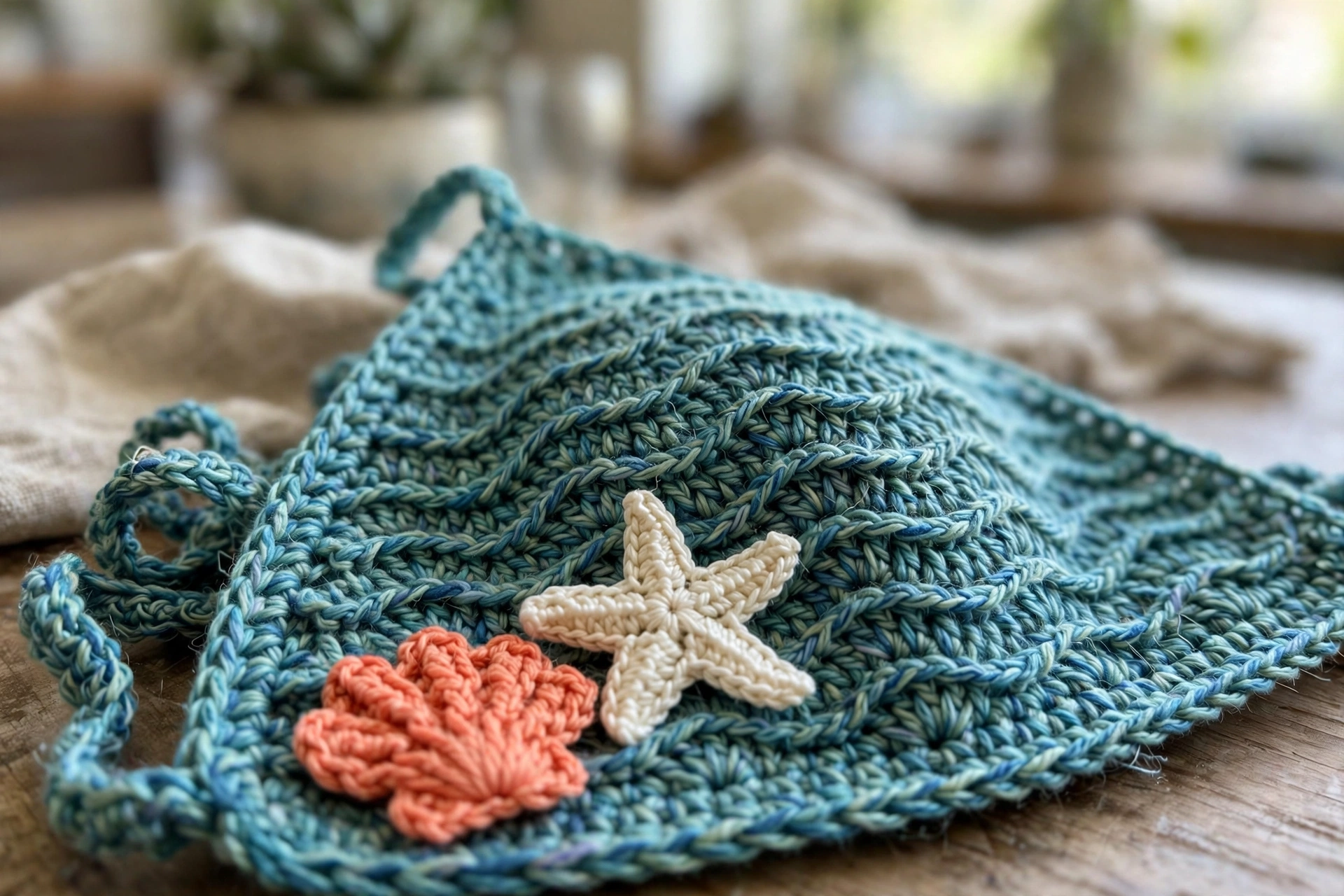 Close-up of the wave stitch texture with starfish and seashell appliques