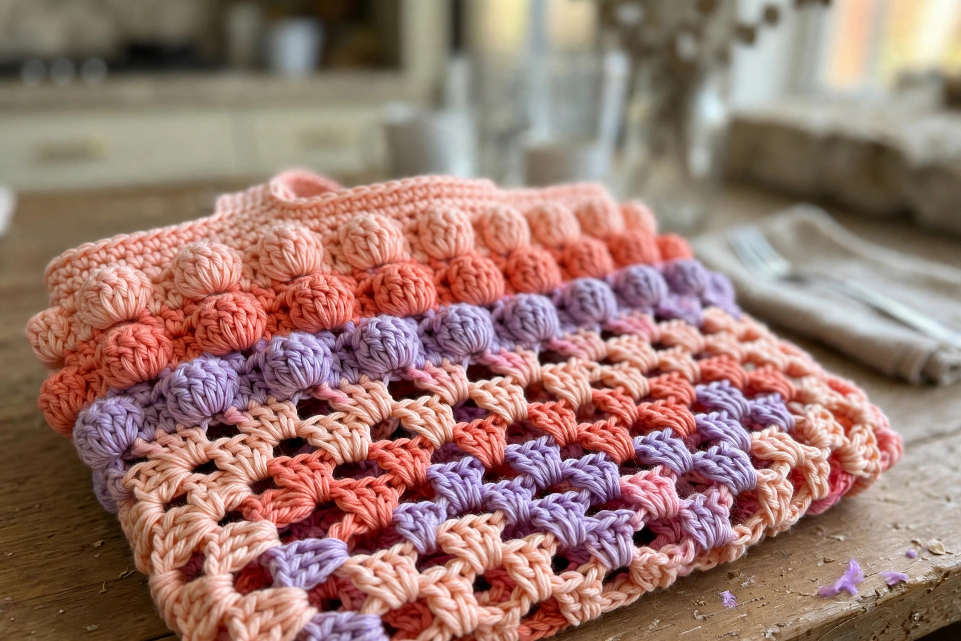 Close-up of the bobble stitch band and granny mesh body