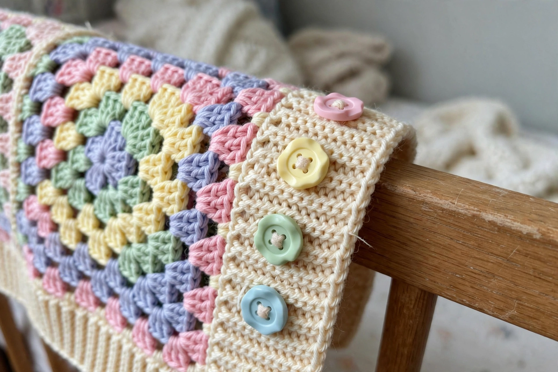 Close-up of the colorful pastel buttons and ribbed button band