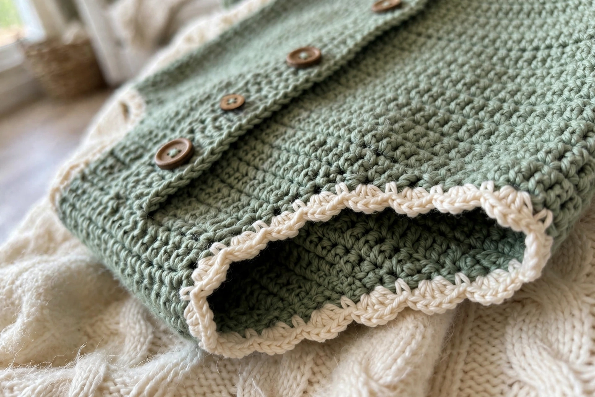 Close-up of the cream scalloped leg trim and wooden buttons