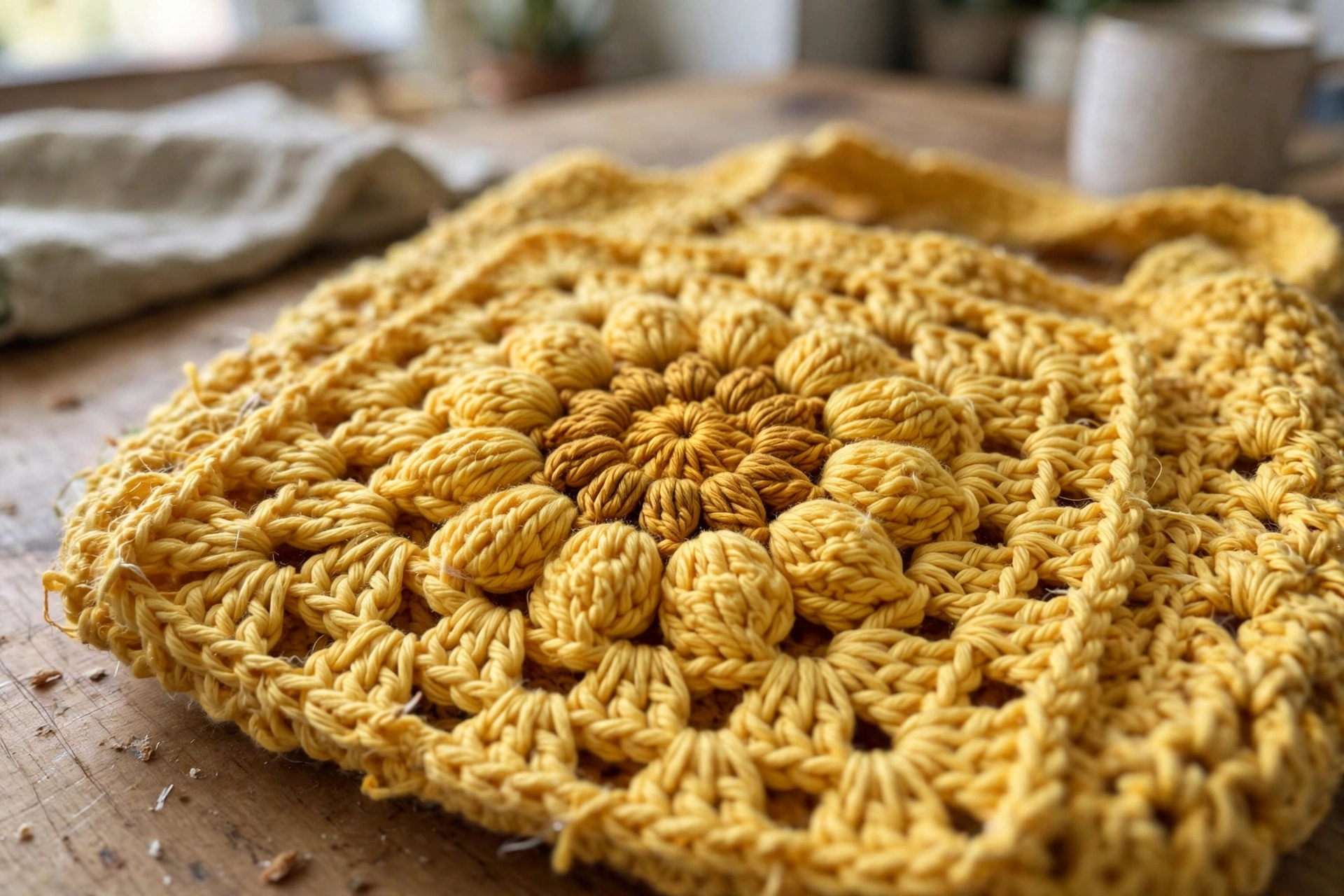 Close-up of the puff stitch sunflower motif