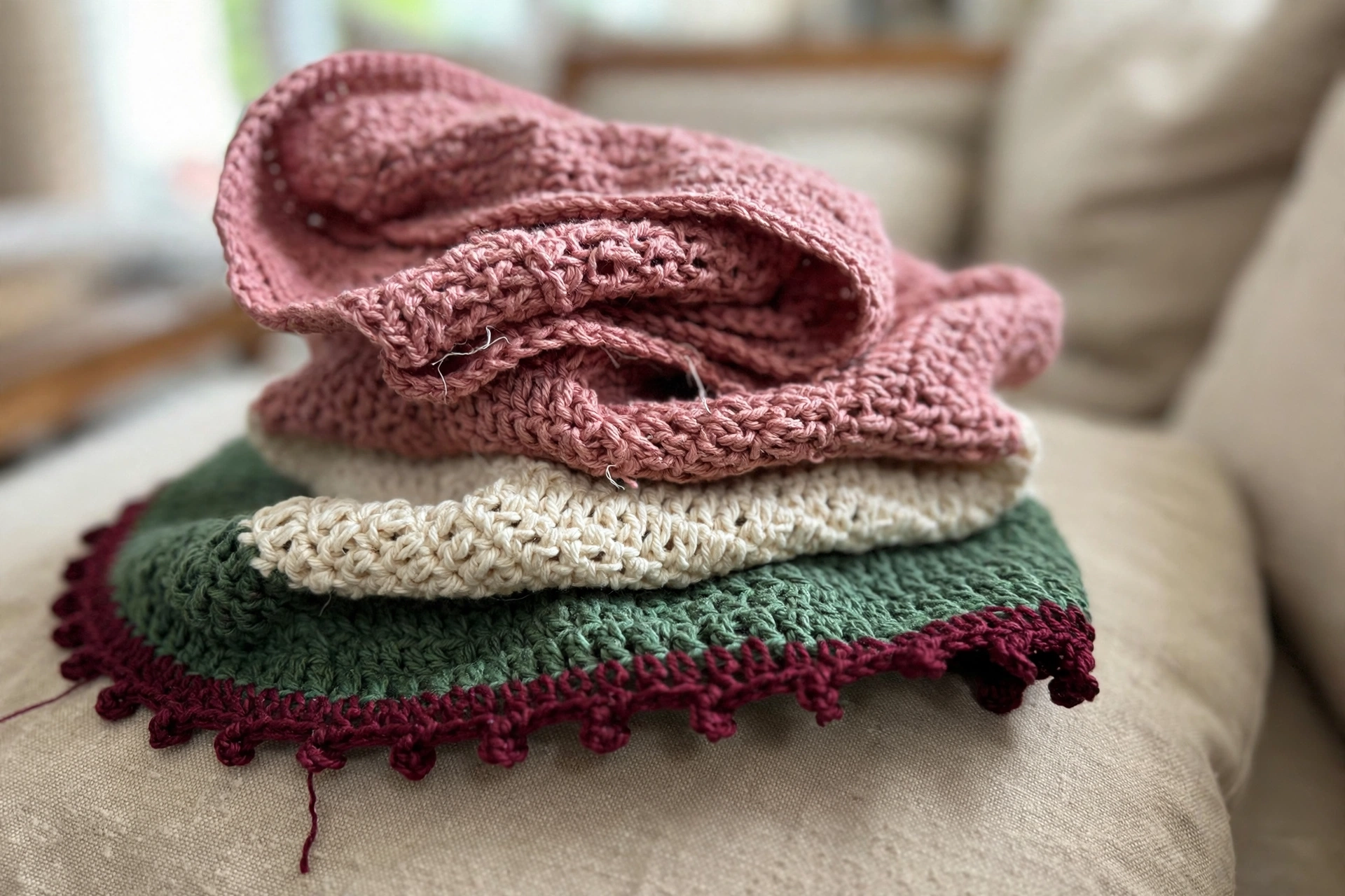 Detail of the cape color sections with burgundy picot hem