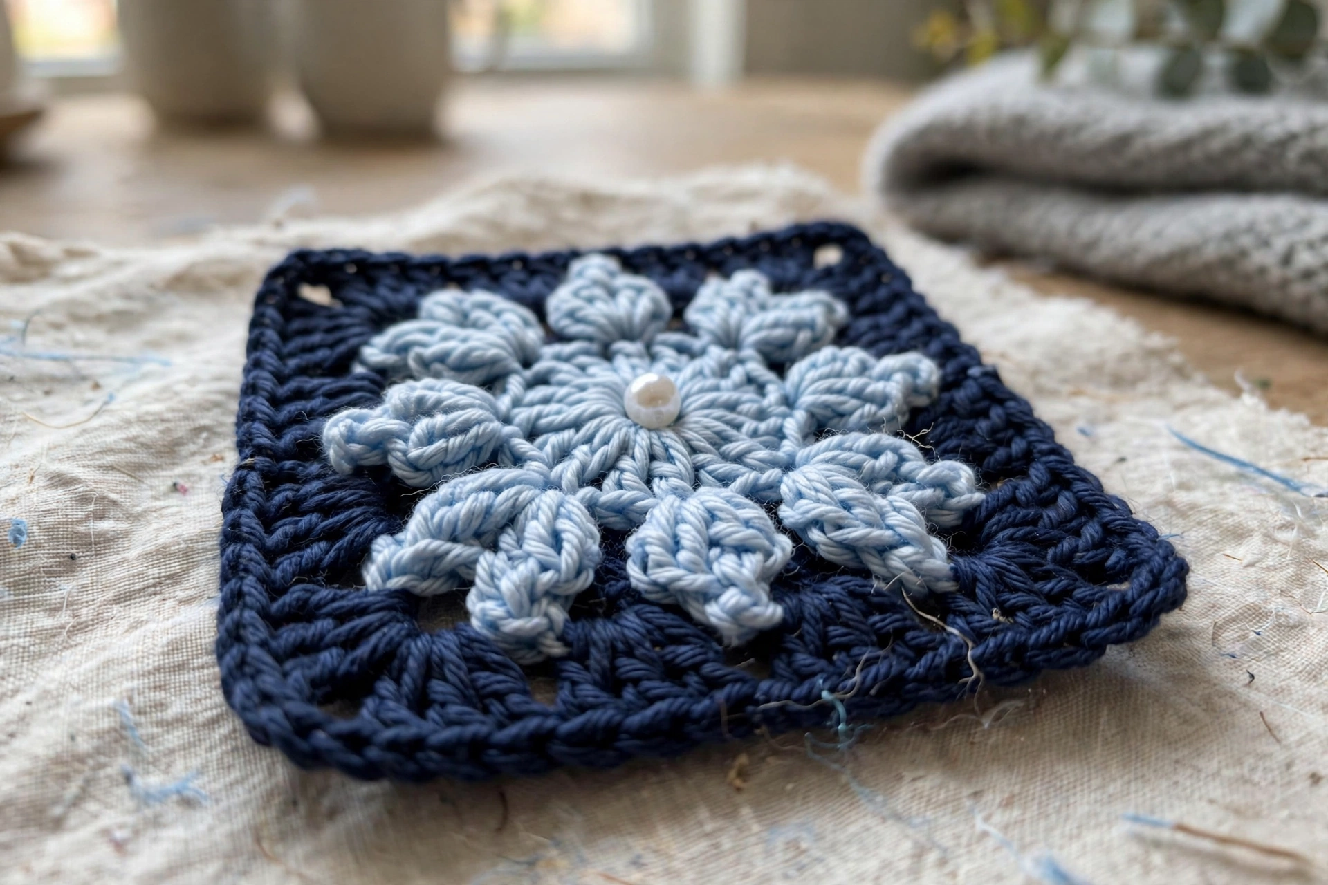 Close-up of the puff stitch snowflake motif with pearl bead
