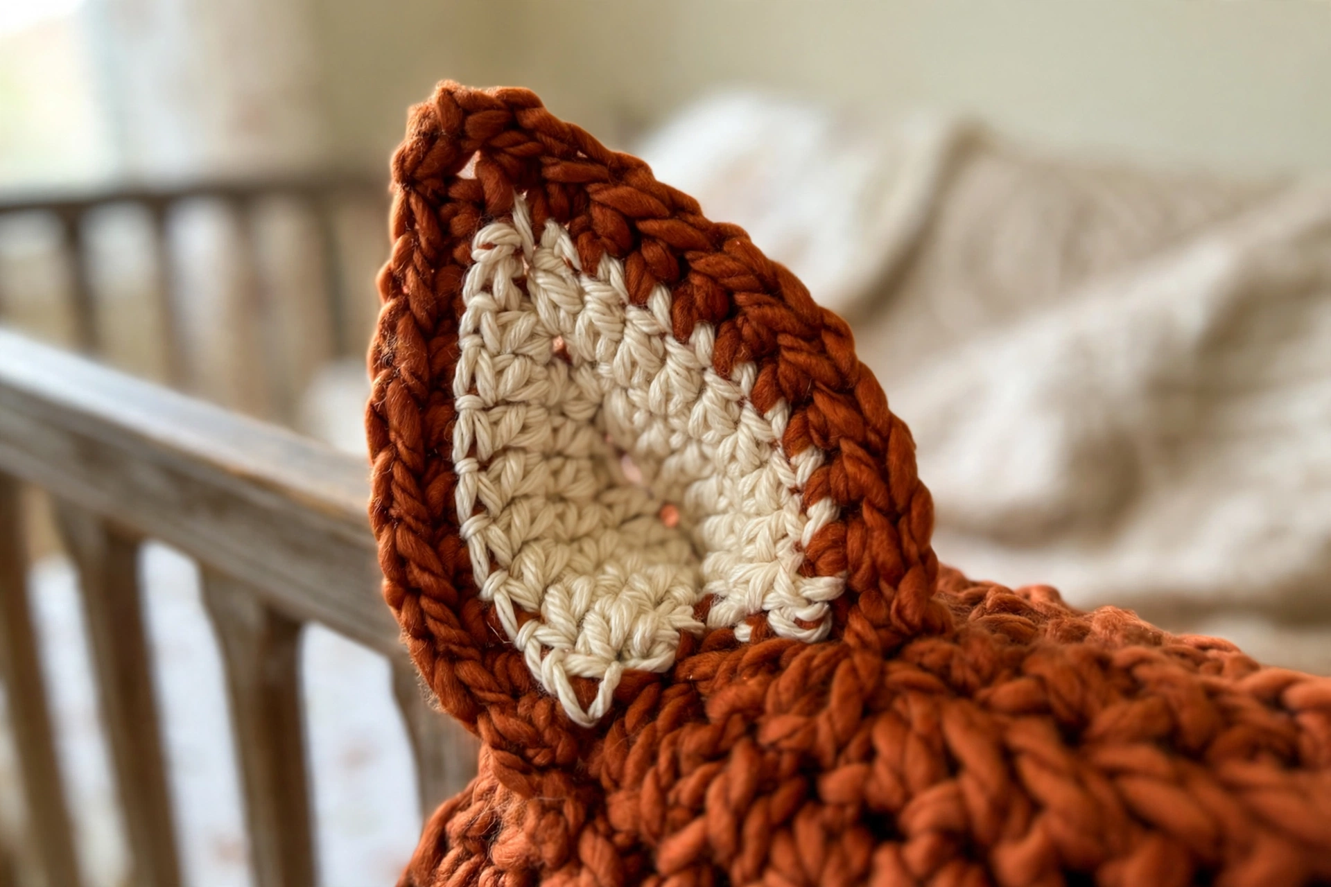 Close-up of the crocheted cream ear liner inside the orange fox ear