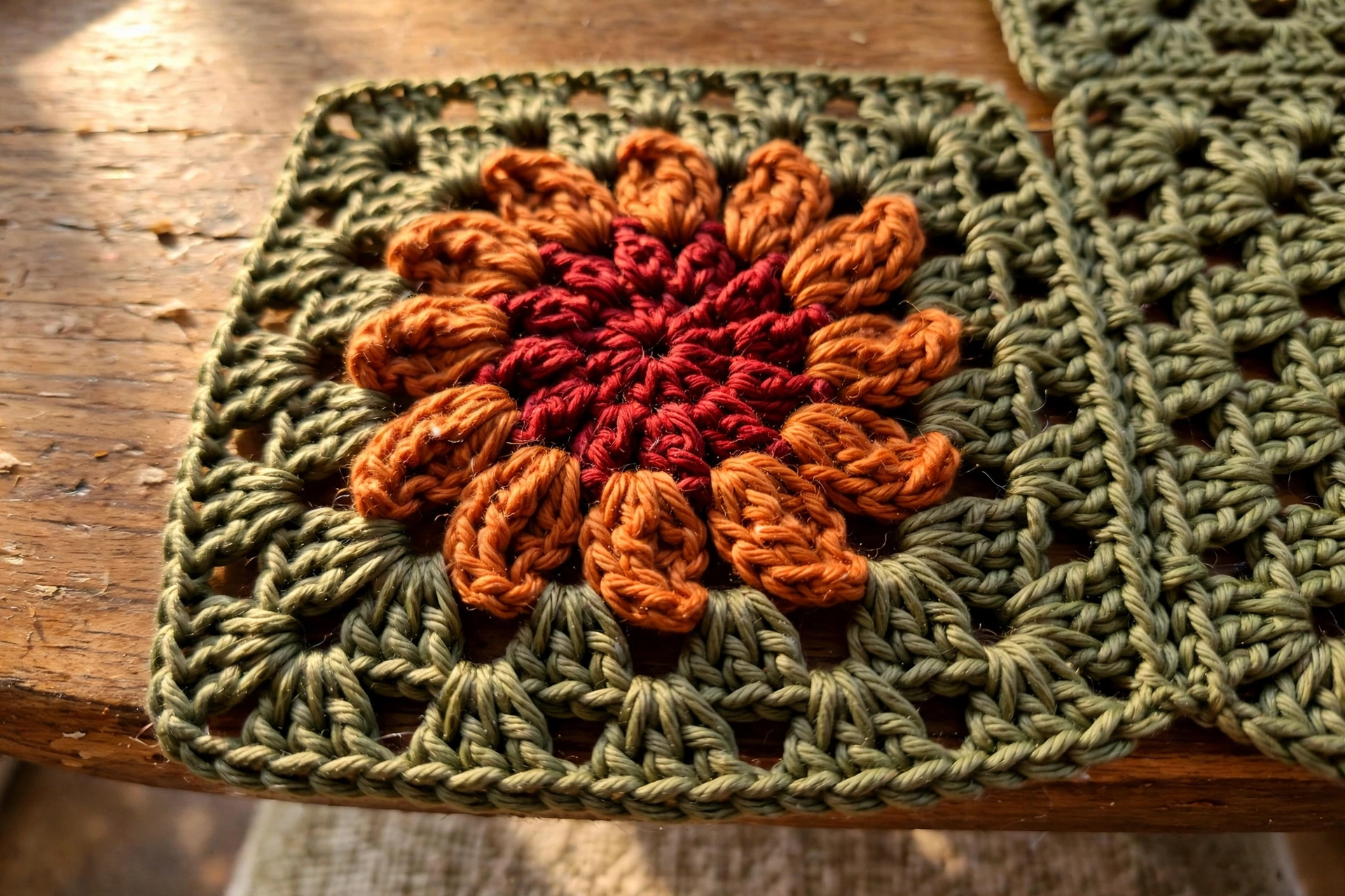 Close-up of a raised burnt orange flower motif with crimson center on olive green
