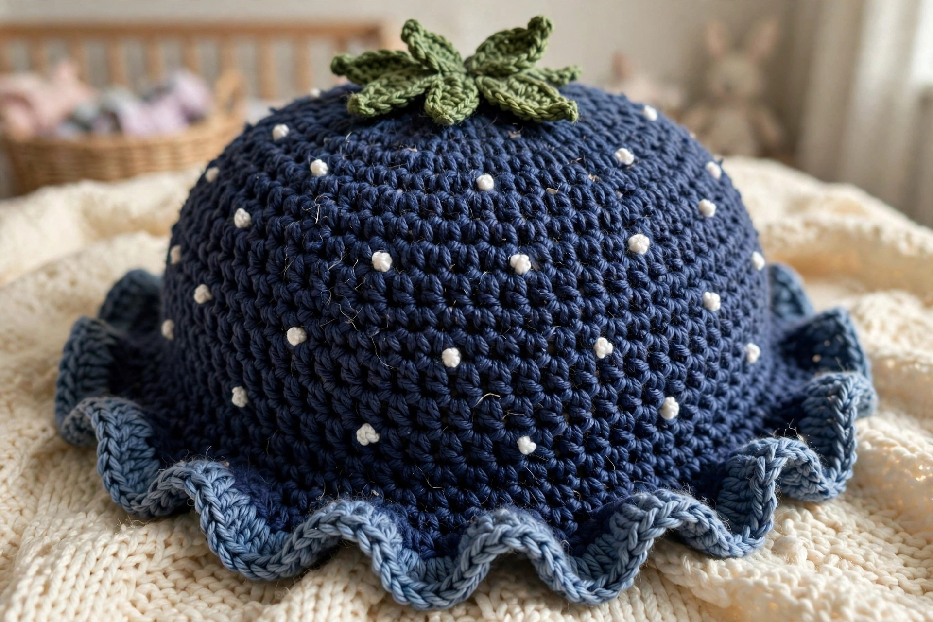 Close-up of the navy blueberry hat with moss stitch texture, French knot dots, and leaf cluster